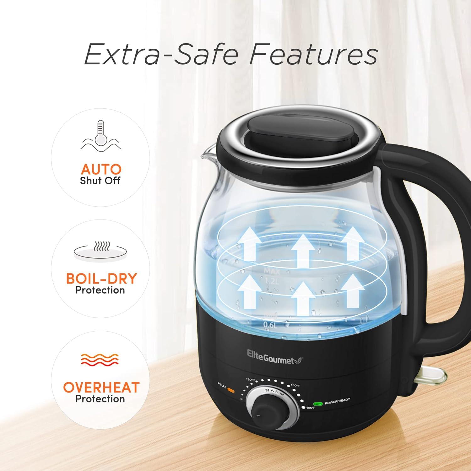 image:imageElite Gourmet 12L Electric Glass Kettle 1200W Fast Boil Adjustable Temperature Control amp Keep Warm BPAFree Borosilicate Glass Auto ShutOff amp BoilDry Protection 360 Cordless Base MintBlack