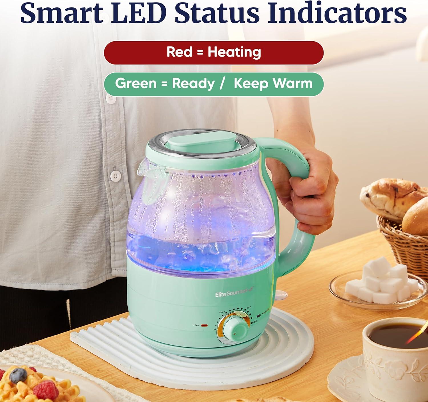 image:imageElite Gourmet 12L Electric Glass Kettle 1200W Fast Boil Adjustable Temperature Control amp Keep Warm BPAFree Borosilicate Glass Auto ShutOff amp BoilDry Protection 360 Cordless Base MintMint