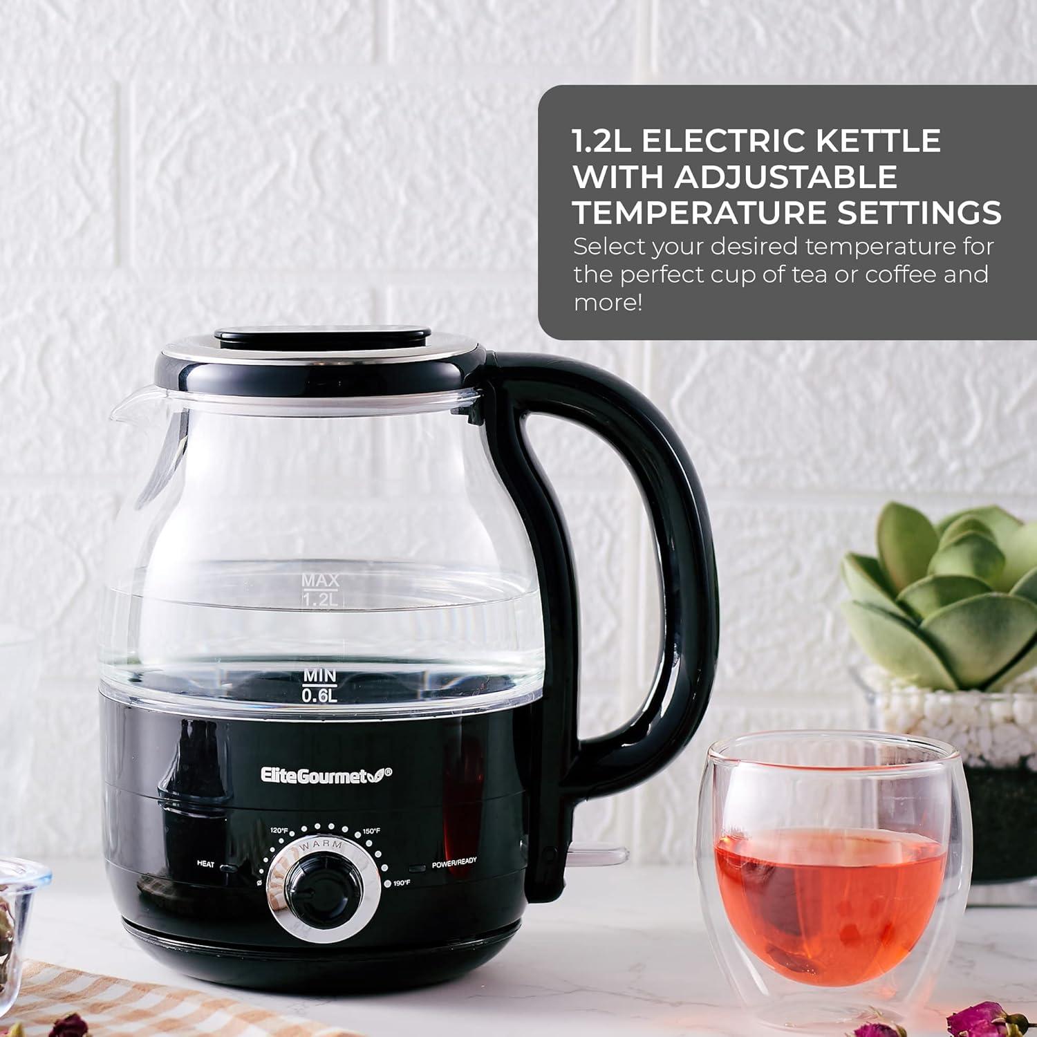 image:imageElite Gourmet 12L Electric Glass Kettle 1200W Fast Boil Adjustable Temperature Control amp Keep Warm BPAFree Borosilicate Glass Auto ShutOff amp BoilDry Protection 360 Cordless Base MintBlack