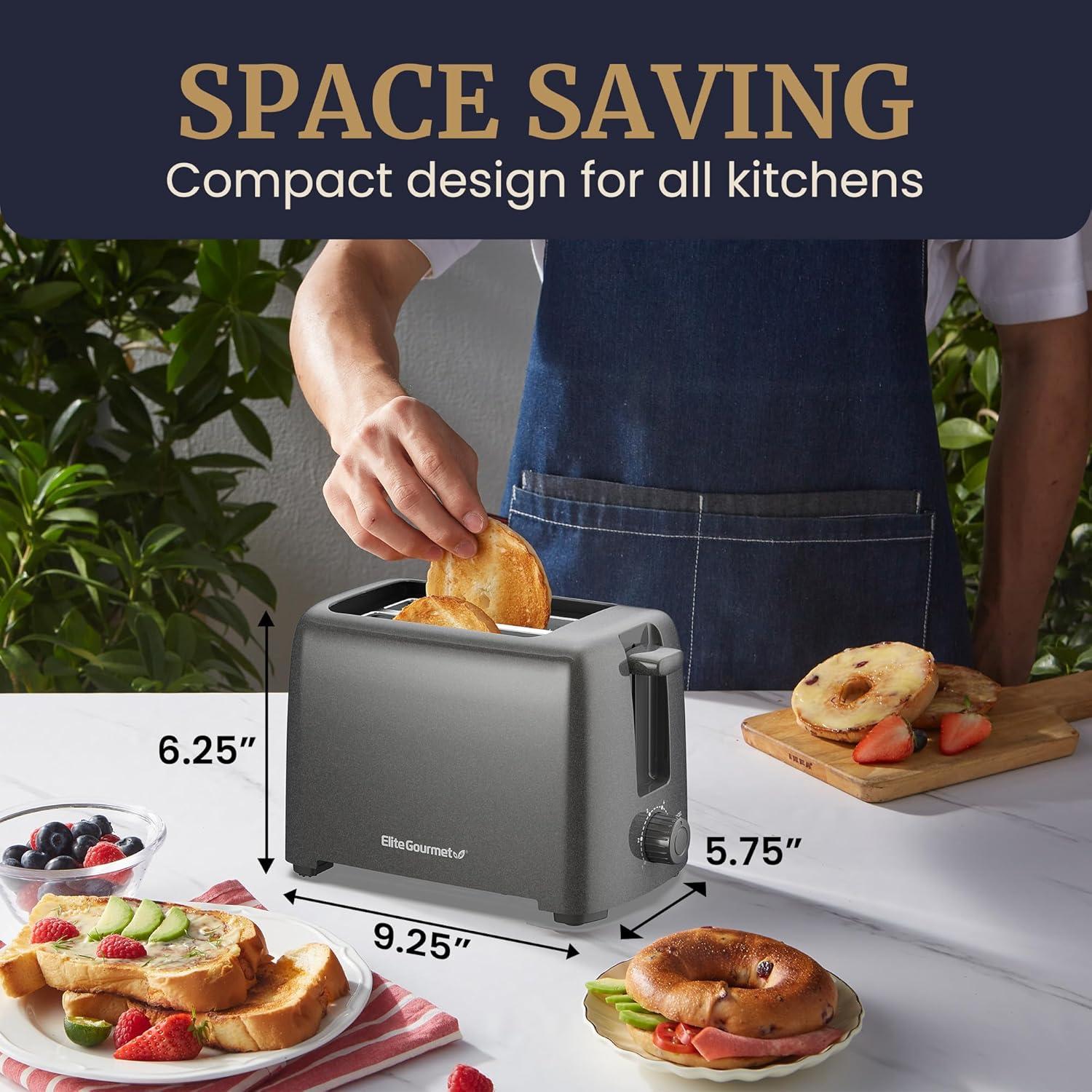 image:imageElite Gourmet 2Slice Cool Touch Toaster 6 Browning Levels Extra Wide 125 Slots for Bagels amp Thick Bread Cancel Function Compact ETL Certified BlackGunmetal Gray