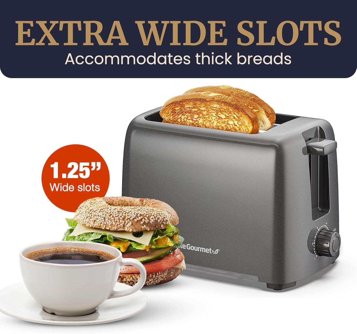 image:imageElite Gourmet 2Slice Cool Touch Toaster 6 Browning Levels Extra Wide 125 Slots for Bagels amp Thick Bread Cancel Function Compact ETL Certified BlackGunmetal Gray