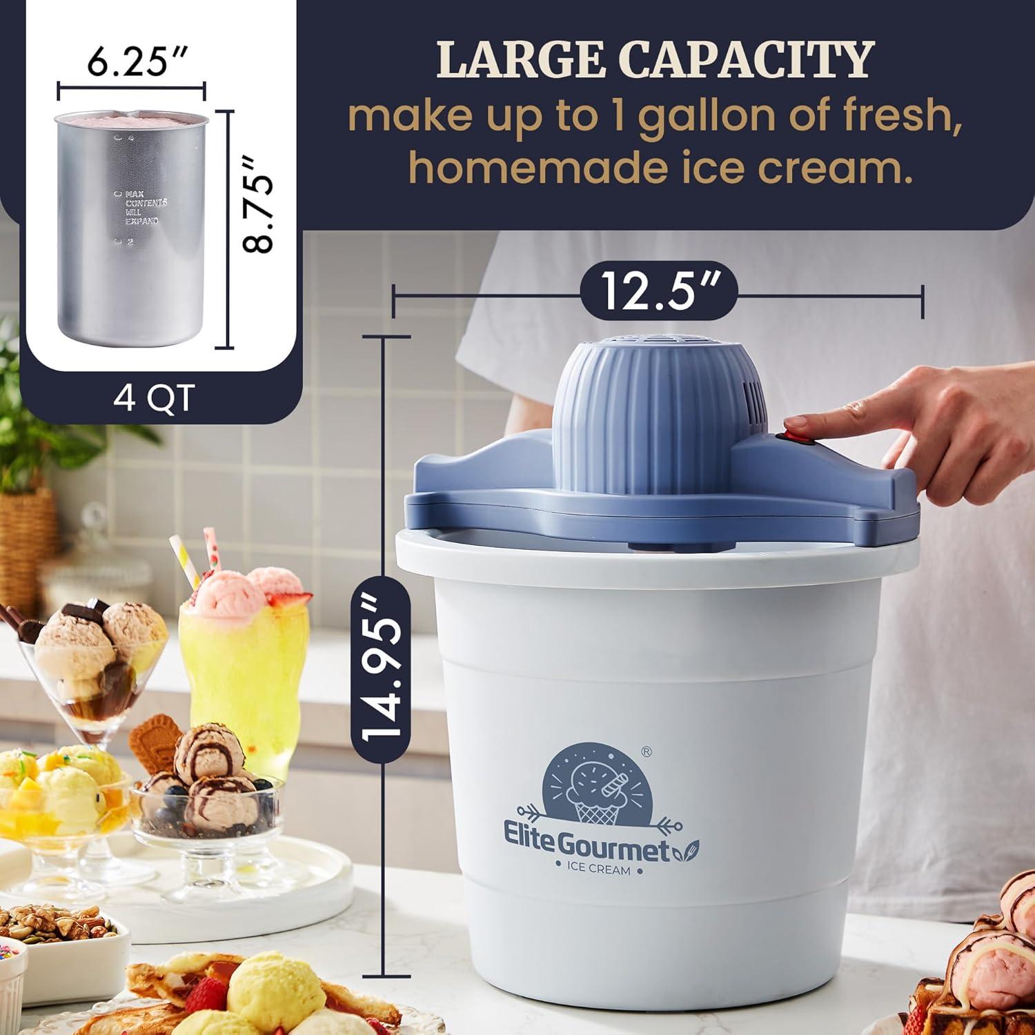 image:imageElite Gourmet 4Qt Electric Ice Cream Maker EIM350X Delicious Homemade Ice Cream Gelato Sorbet Frozen Yogurt 4Qt Aluminum Freezing Cannister Durable Plastic Ice Bucket Powerful 50W Periwinkle4 Quart