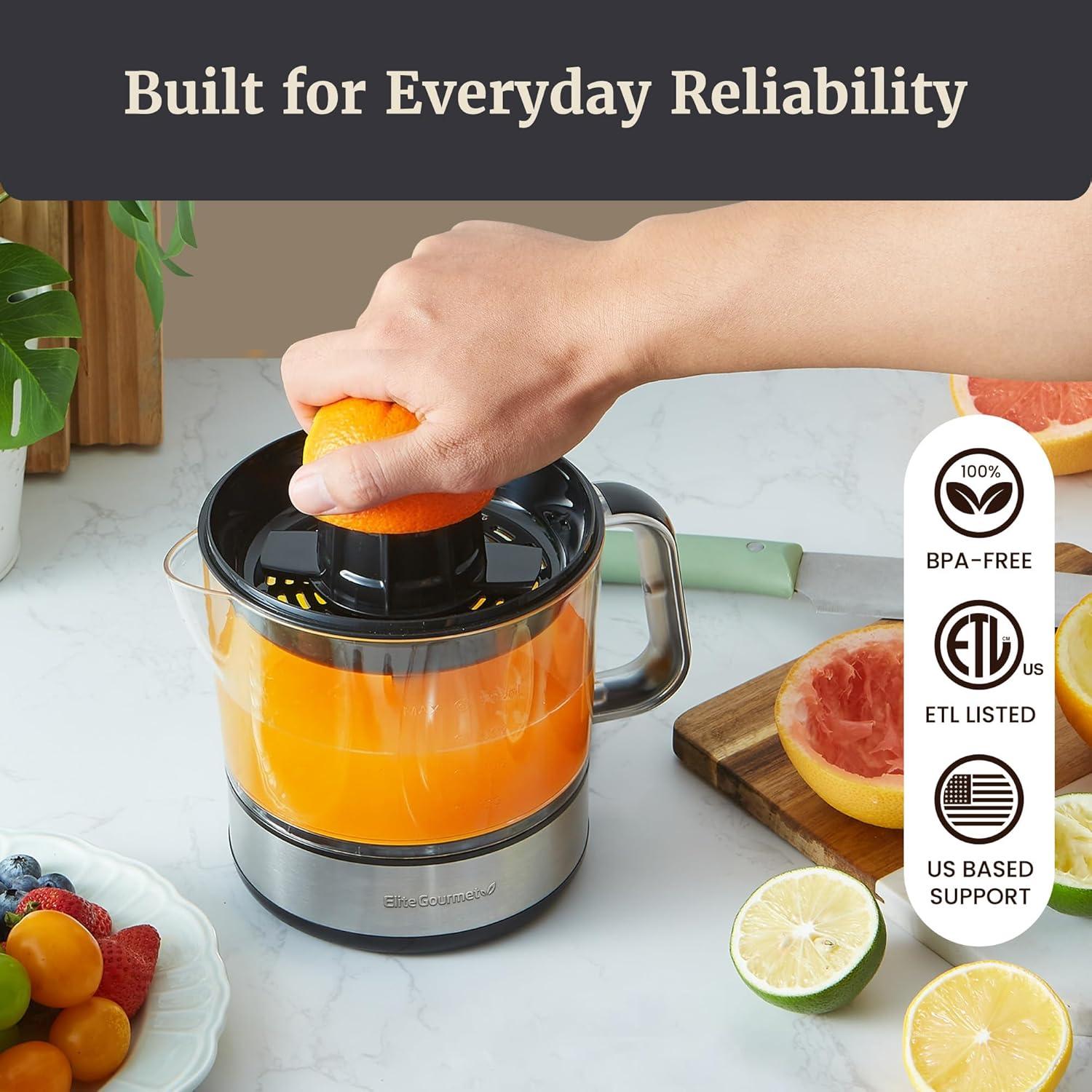 image:imageElite Gourmet BPAFree 40Watt Electric Citrus Juicer Compact Large Volume Pulp Control Oranges Lemons Limes Grapefruits with Easy Pour Spout 24oz BlackStainless Steel