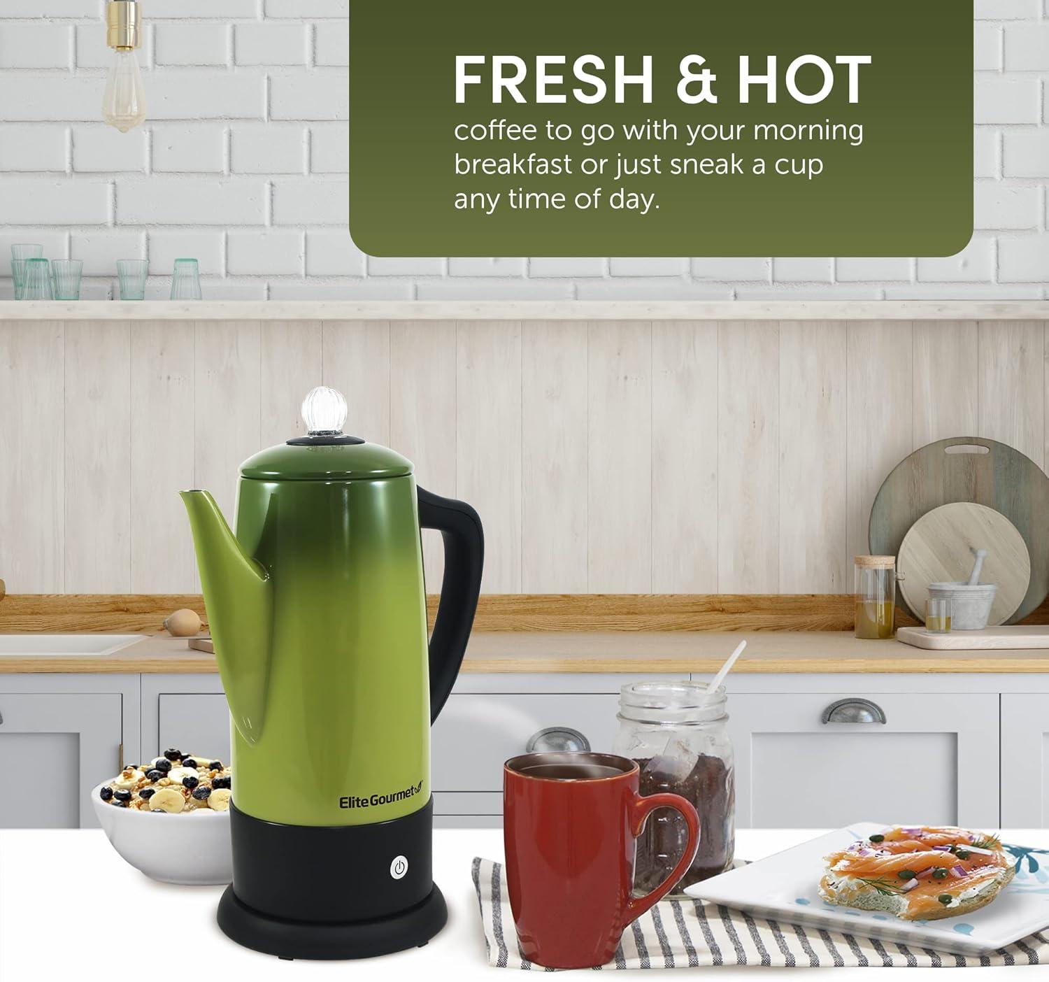 image:imageElite Gourmet EC812G Vintage 50s Electric Coffee Percolator Clear Brew Progress Knob CoolTouch Handle Cordless Serve 12Cup Retro GreenRetro Green