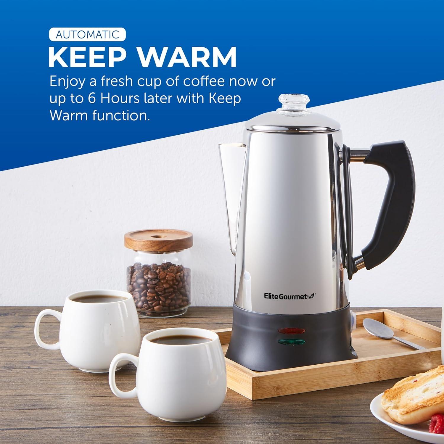 image:imageElite Gourmet EC812G Vintage 50s Electric Coffee Percolator Clear Brew Progress Knob CoolTouch Handle Cordless Serve 12Cup Retro GreenStainless Steel