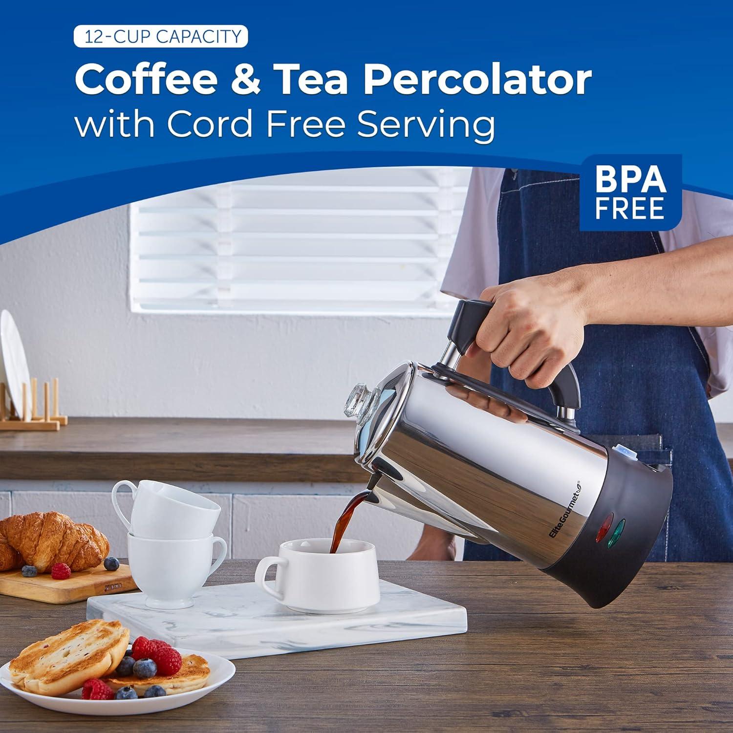 image:imageElite Gourmet EC812G Vintage 50s Electric Coffee Percolator Clear Brew Progress Knob CoolTouch Handle Cordless Serve 12Cup Retro GreenStainless Steel