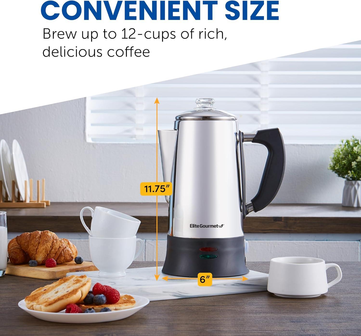 image:imageElite Gourmet EC812G Vintage 50s Electric Coffee Percolator Clear Brew Progress Knob CoolTouch Handle Cordless Serve 12Cup Retro GreenStainless Steel