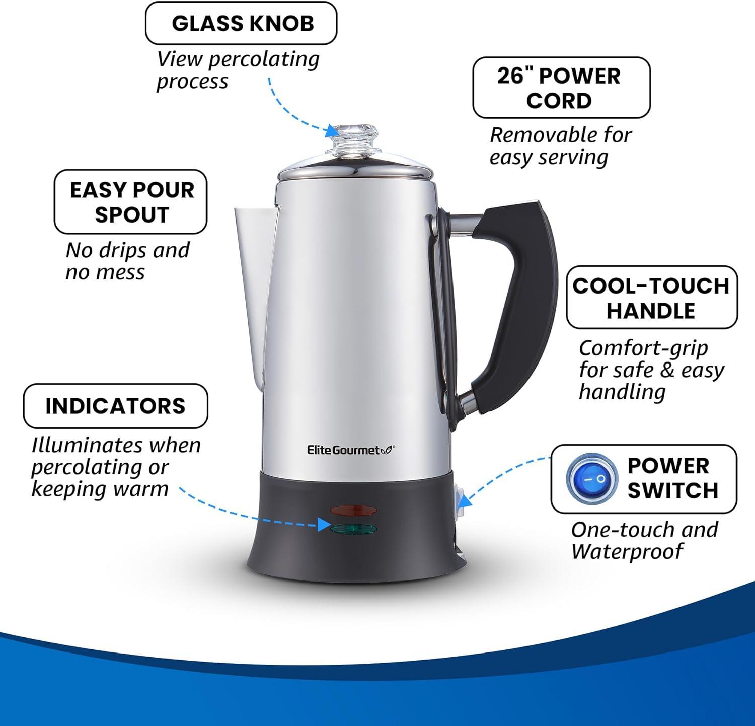 image:imageElite Gourmet EC812G Vintage 50s Electric Coffee Percolator Clear Brew Progress Knob CoolTouch Handle Cordless Serve 12Cup Retro GreenStainless Steel
