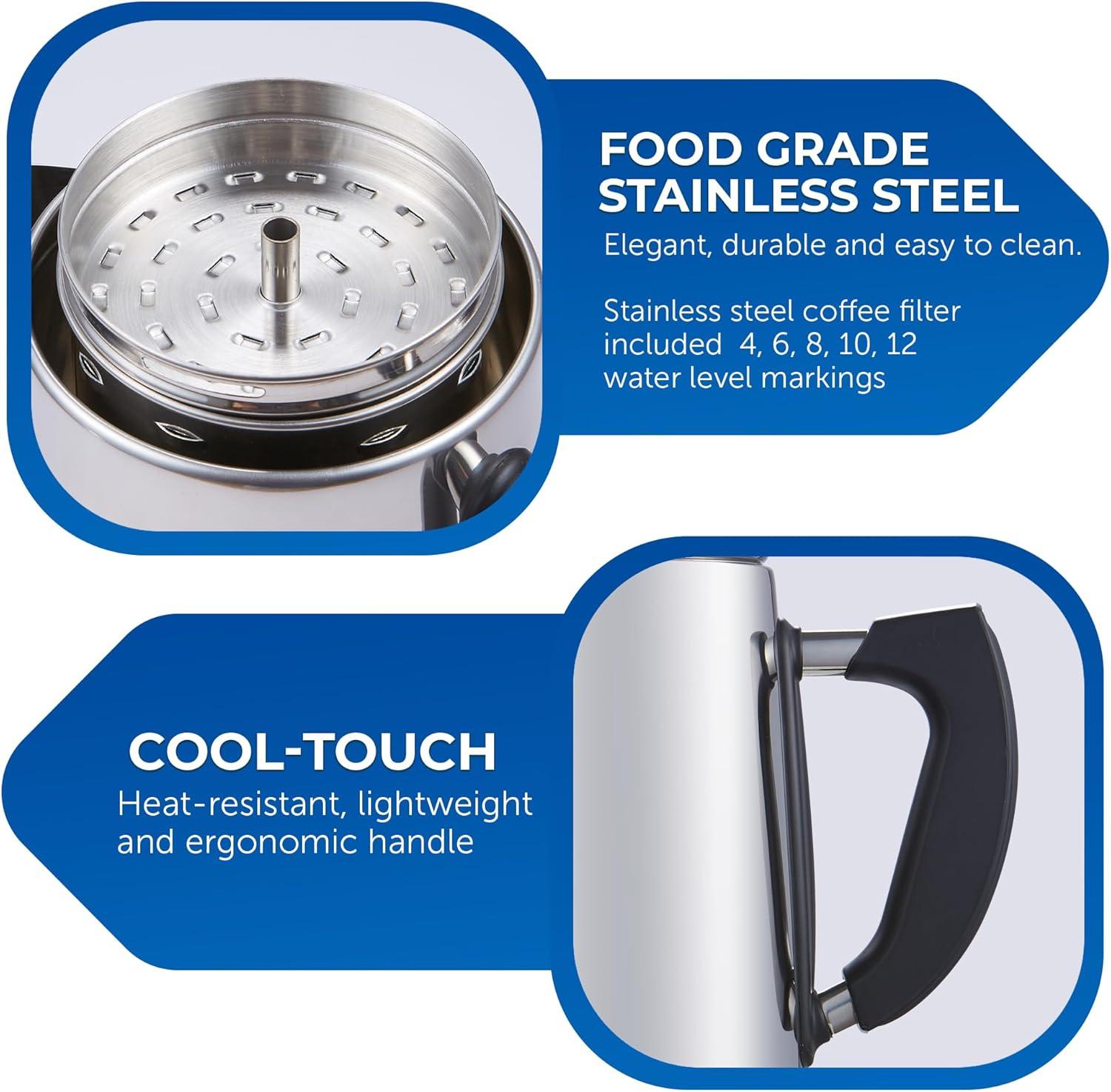 image:imageElite Gourmet EC812G Vintage 50s Electric Coffee Percolator Clear Brew Progress Knob CoolTouch Handle Cordless Serve 12Cup Retro GreenStainless Steel