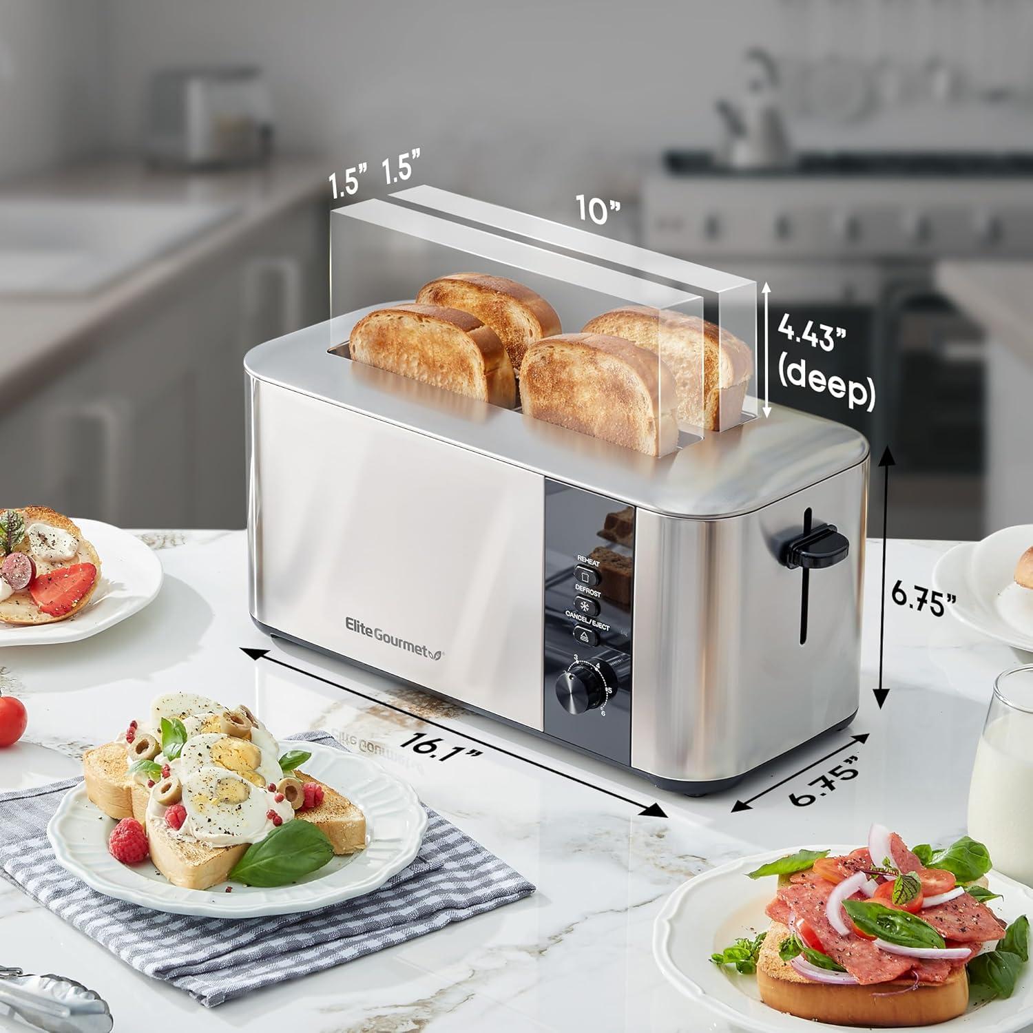 image:imageElite Gourmet ECT3401 Long Slot 4 Slice Toaster 15 Slot Width 6 Toast Shade Settings Reheat Defrost amp Cancel Functions Extra Large Slots for Bagels Waffles Artisan Breads Stainless Steel