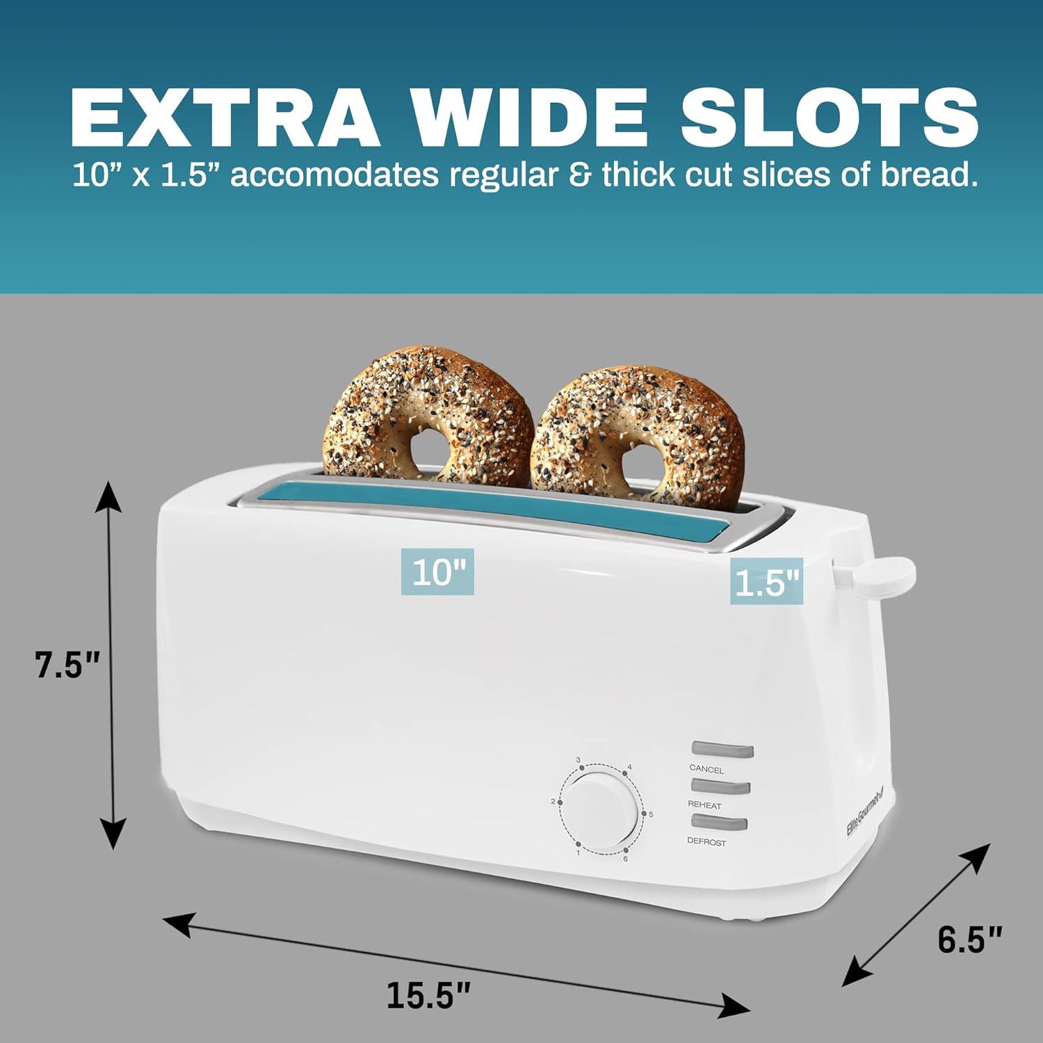 image:imageElite Gourmet ECT4829B Long Slot 4 Slice Toaster 6 Toast Settings Toaster Defrost Reheat Cancel Functions Slide Out Crumb Tray Extra Wide Slots for Bagels Waffles BlackWhite