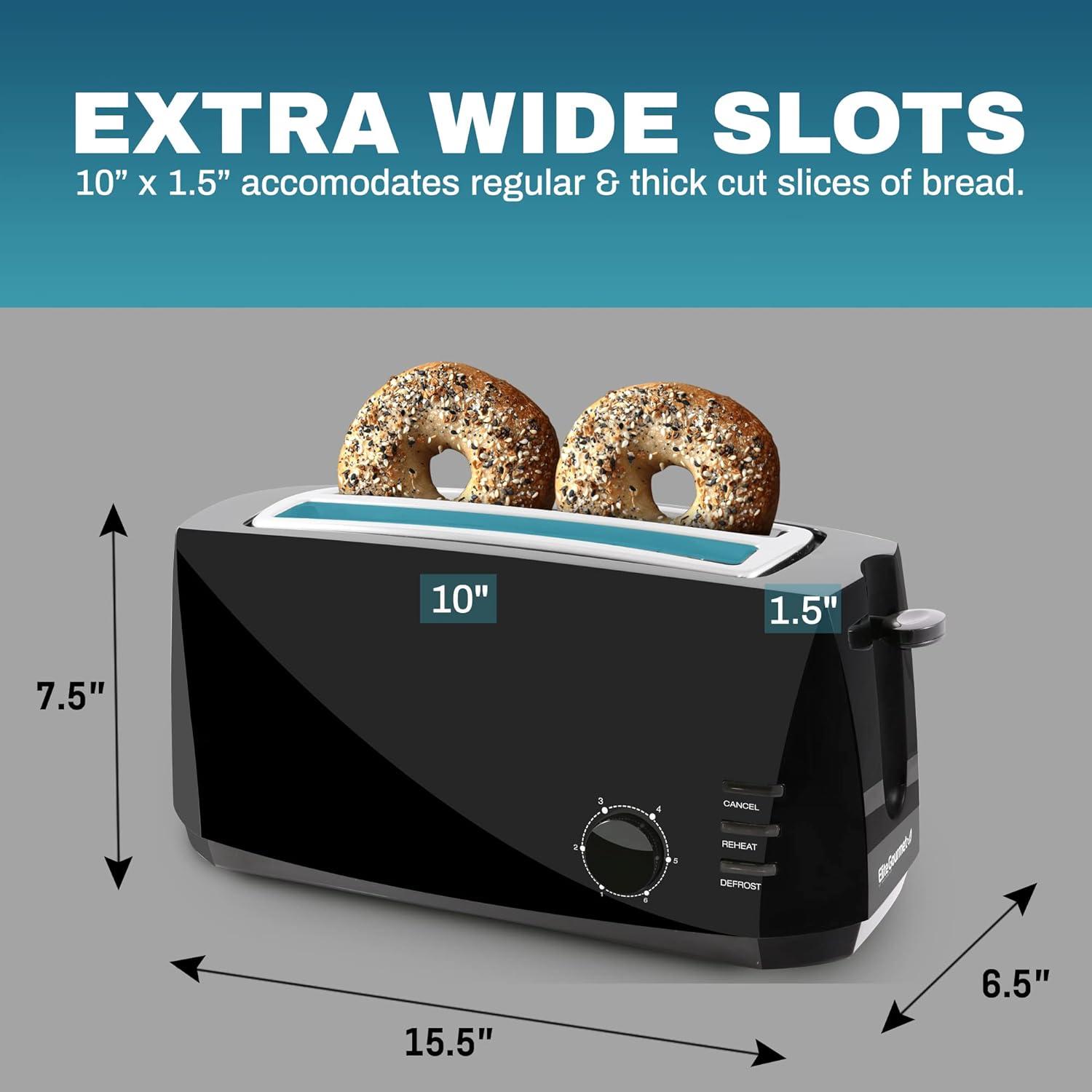 image:imageElite Gourmet ECT4829B Long Slot 4 Slice Toaster 6 Toast Settings Toaster Defrost Reheat Cancel Functions Slide Out Crumb Tray Extra Wide Slots for Bagels Waffles BlackBlack