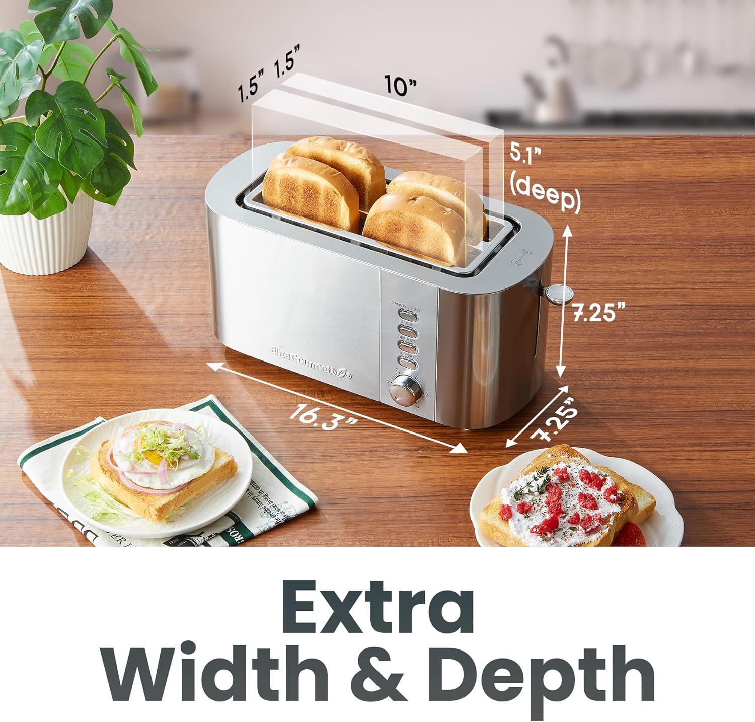image:imageElite Gourmet ECT5322 Long Slot 4 Slice Toaster Countdown Timer Bagel Function 6 Toast Setting Defrost Cancel Function Builtin Warming Rack Extra Wide Slots for Bagels Waffles Stainless SteelStainless Steel