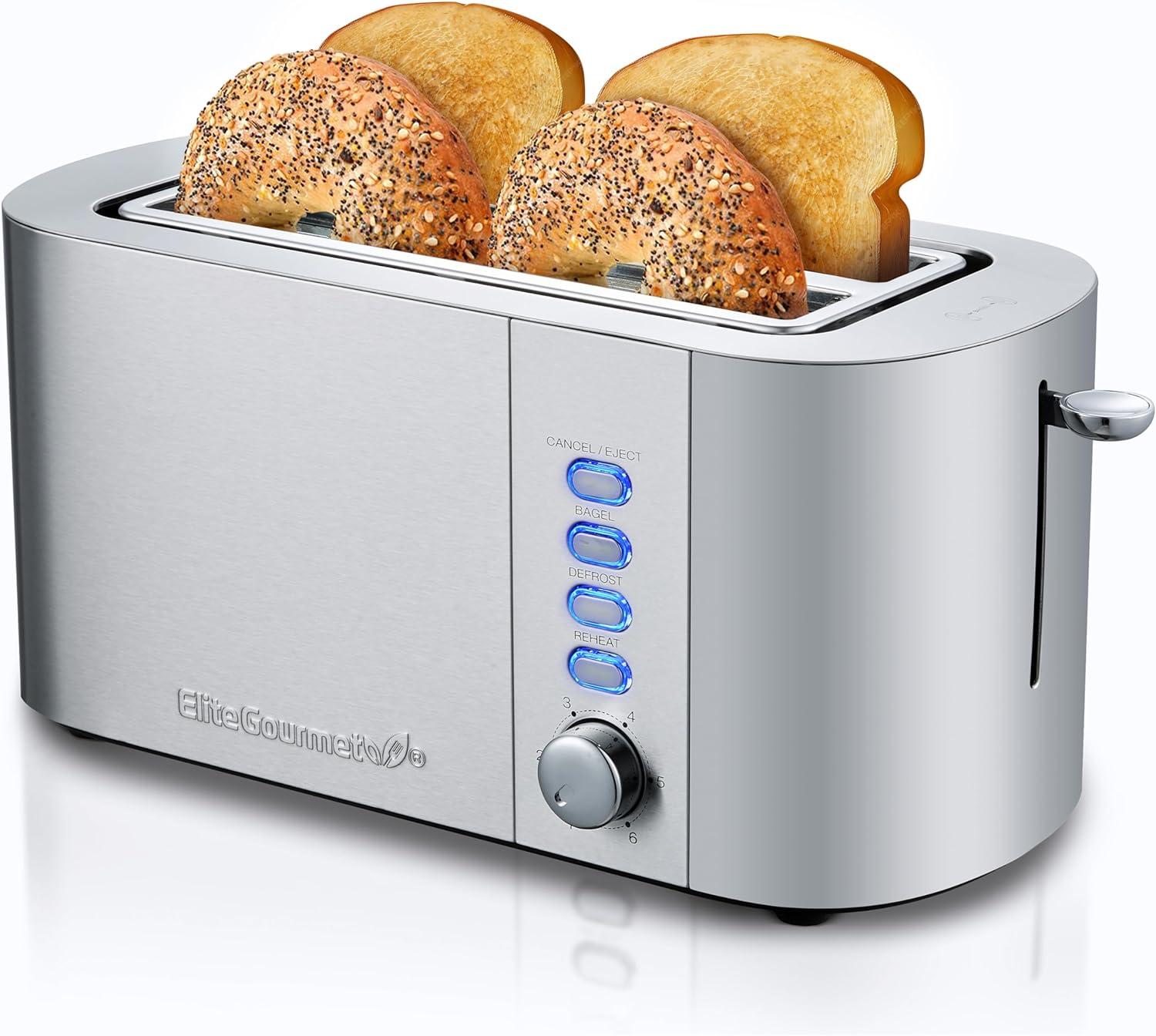 image:imageElite Gourmet ECT5322 Long Slot 4 Slice Toaster Countdown Timer Bagel Function 6 Toast Setting Defrost Cancel Function Builtin Warming Rack Extra Wide Slots for Bagels Waffles Stainless SteelStainless Steel