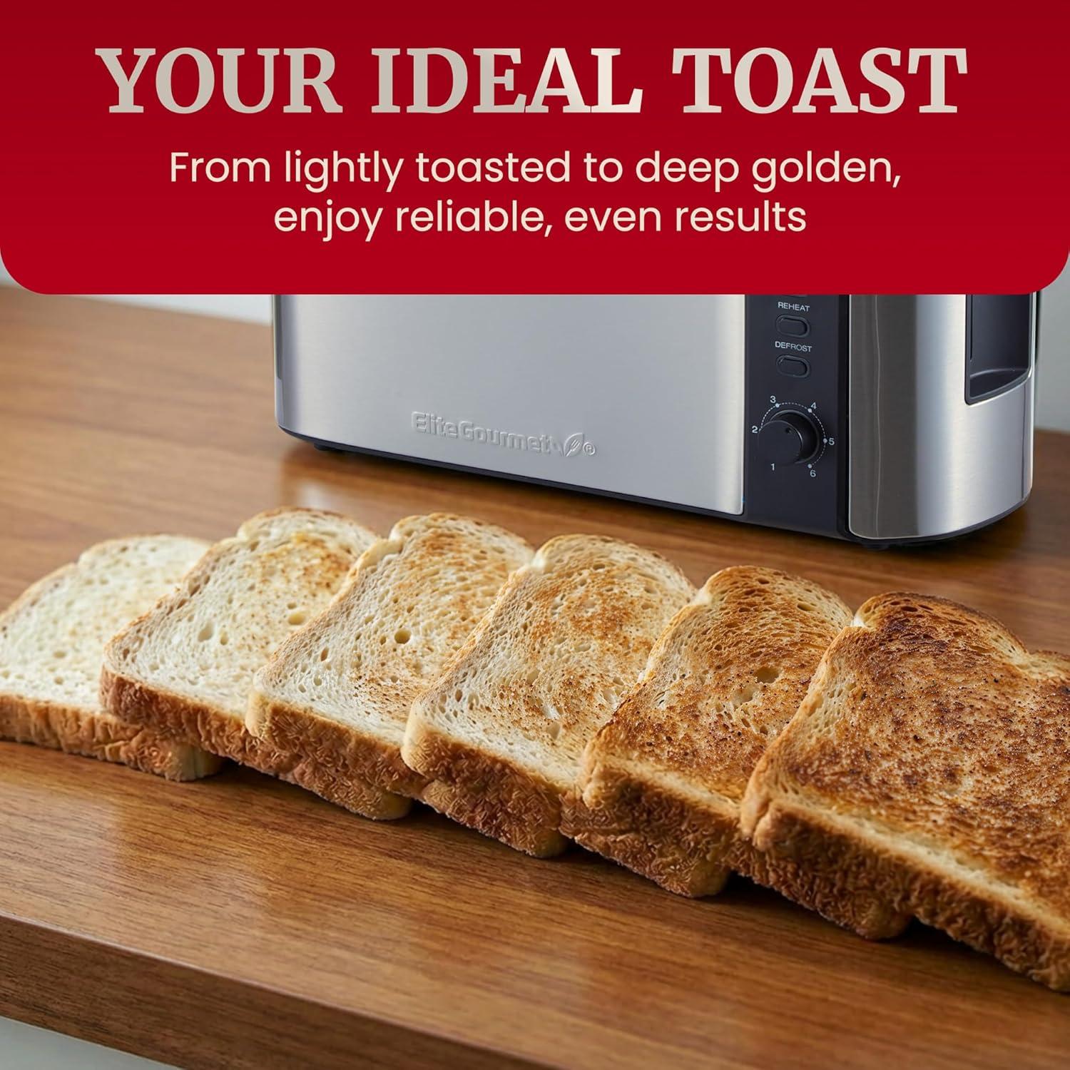 image:imageElite Gourmet ECT5322 Long Slot 4 Slice Toaster Countdown Timer Bagel Function 6 Toast Setting Defrost Cancel Function Builtin Warming Rack Extra Wide Slots for Bagels Waffles Stainless SteelStainless Steel