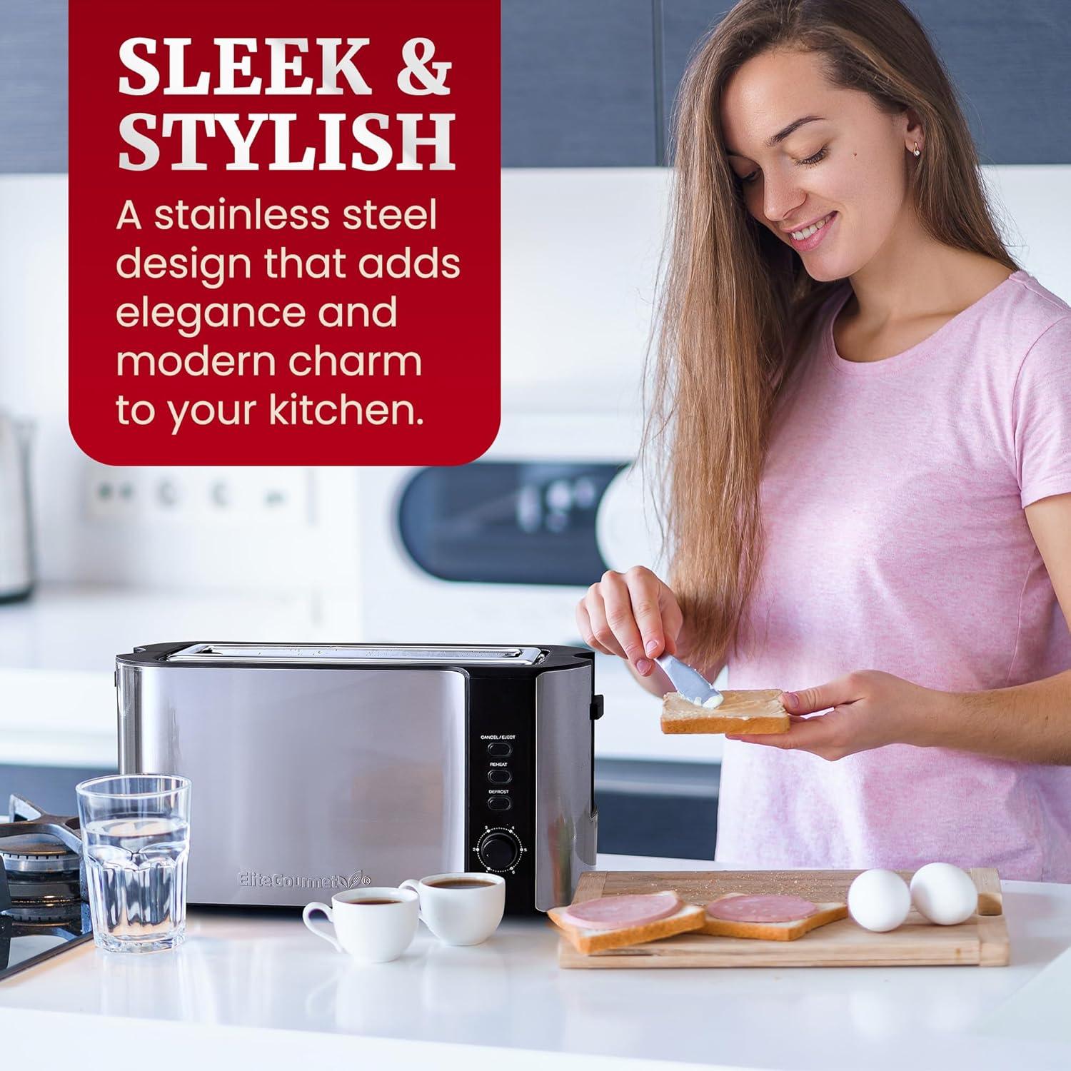 image:imageElite Gourmet ECT5322 Long Slot 4 Slice Toaster Countdown Timer Bagel Function 6 Toast Setting Defrost Cancel Function Builtin Warming Rack Extra Wide Slots for Bagels Waffles Stainless SteelStainless Steel