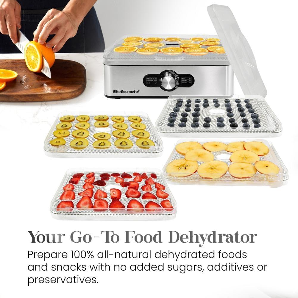 image:imageElite Gourmet EFD319DKG Food Dehydrator 5 BPAFree 114 Trays Adjustable Temperature Controls Jerky Herbs Fruit Veggies Dried Snacks Black and Grey5 Stainless Steel Trays