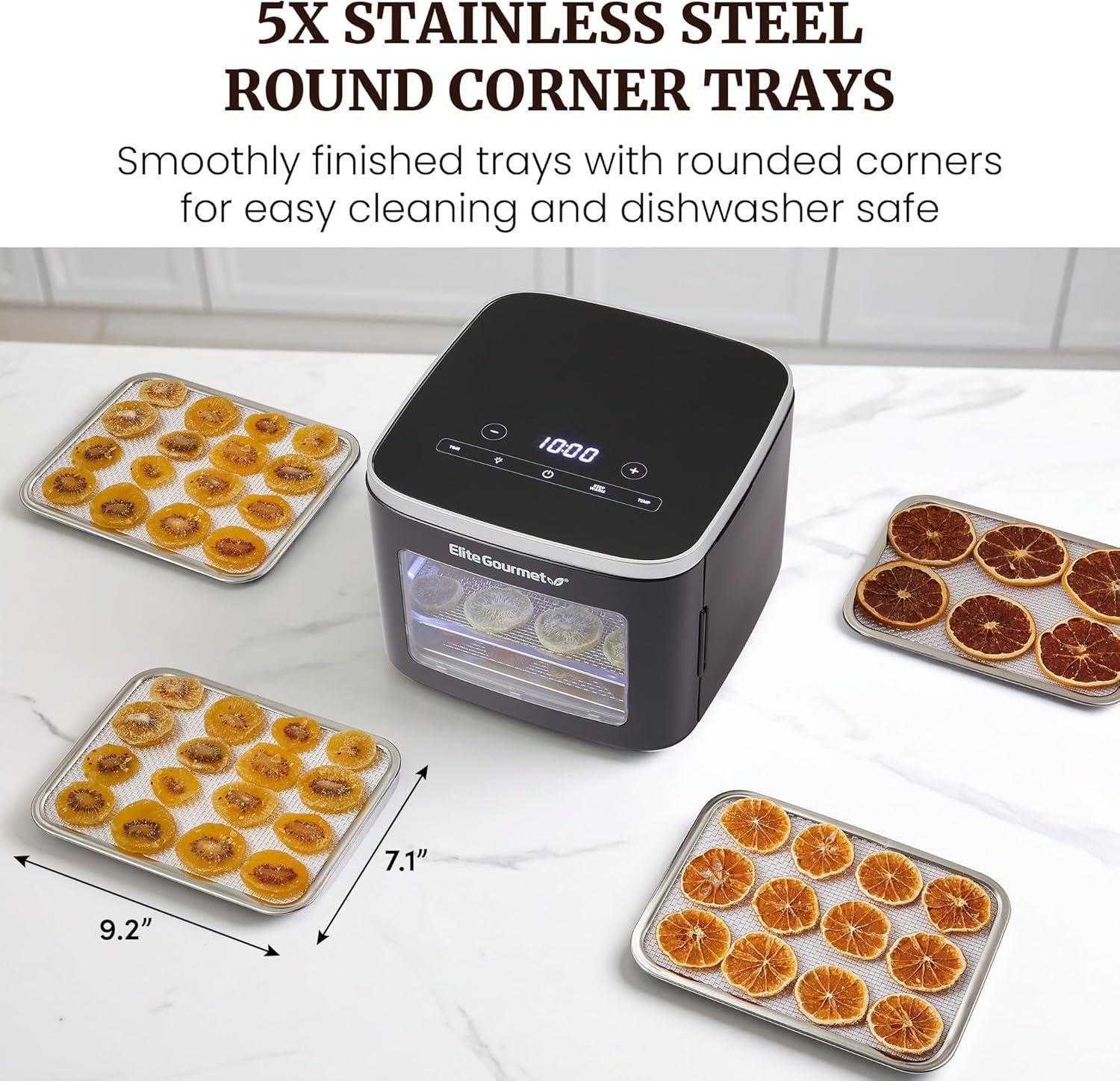 image:imageElite Gourmet EFD809D Food Dehydrator with 5 Stainless Steel Trays Adjustable Temp amp Time Keep Warm Includes Interior Light Fruit Roll Tray and Recipe Booklet BlackBlack