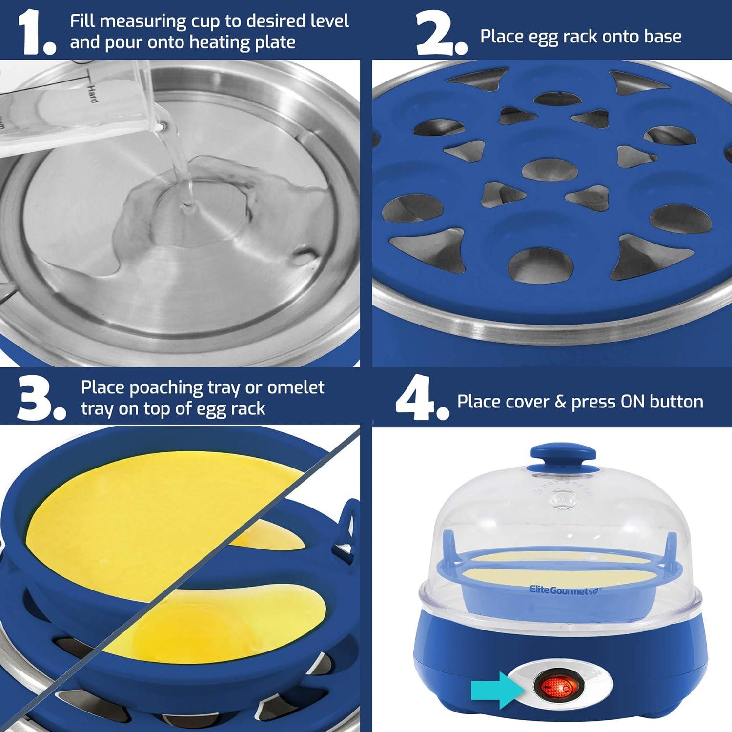image:imageElite Gourmet EGC007CHC Rapid Egg Cooker 7 EasyToPeel Hard Medium Soft Boiled Eggs Poacher Omelet Maker Auto ShutOff Alarm 16Recipe Booklet Charcoal GreyBlue