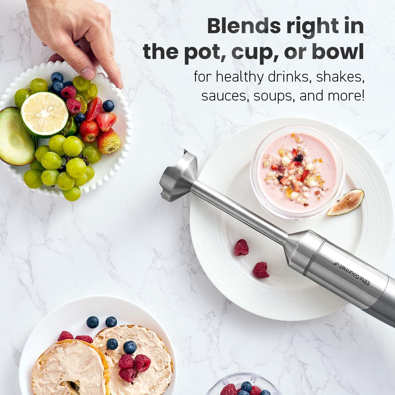 image:imageElite Gourmet EHB1015 Immersion Hand Blender 500 Watts 2 Speed Mixing with Stainless Steel Blades Detachable Wand Stick Mixer Smoothies Baby Food Soup BlackGrey