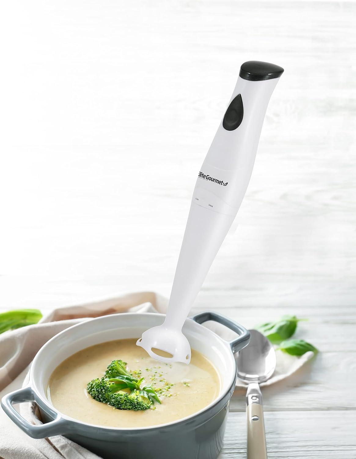 image:imageElite Gourmet EHB1062 Variable Stepless Speed Immersion Hand Blender 500 Watts with Turbo Stainless Steel Blades Pressure Controlled Stick Mixer Sauces Soup Smoothies Baby Food Stainless SteelWhite