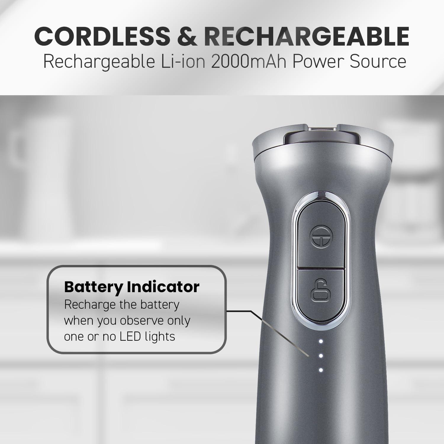 image:imageElite Gourmet EHB1324 Cordless Rechargeable Hand Blender Variable 5Speed Blending OneTouch Power Button amp Safety Lock Stainless Steel Blades Portable Sauces Soup Smoothies Baby Food GrayGranite