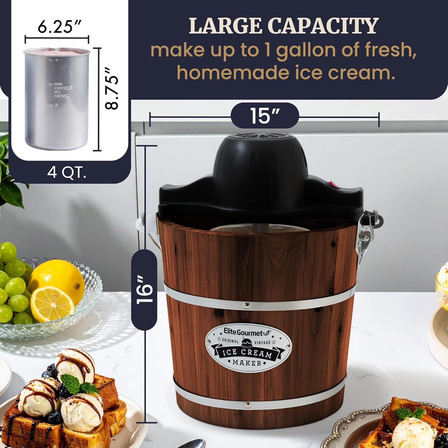 image:imageElite Gourmet EIM418 Old Fashioned 4 Quart Vintage Walnut Wood Bucket Electric Ice Cream Maker Machine Uses Ice and Rock Salt Churns Ice Cream in MinutesWalnut