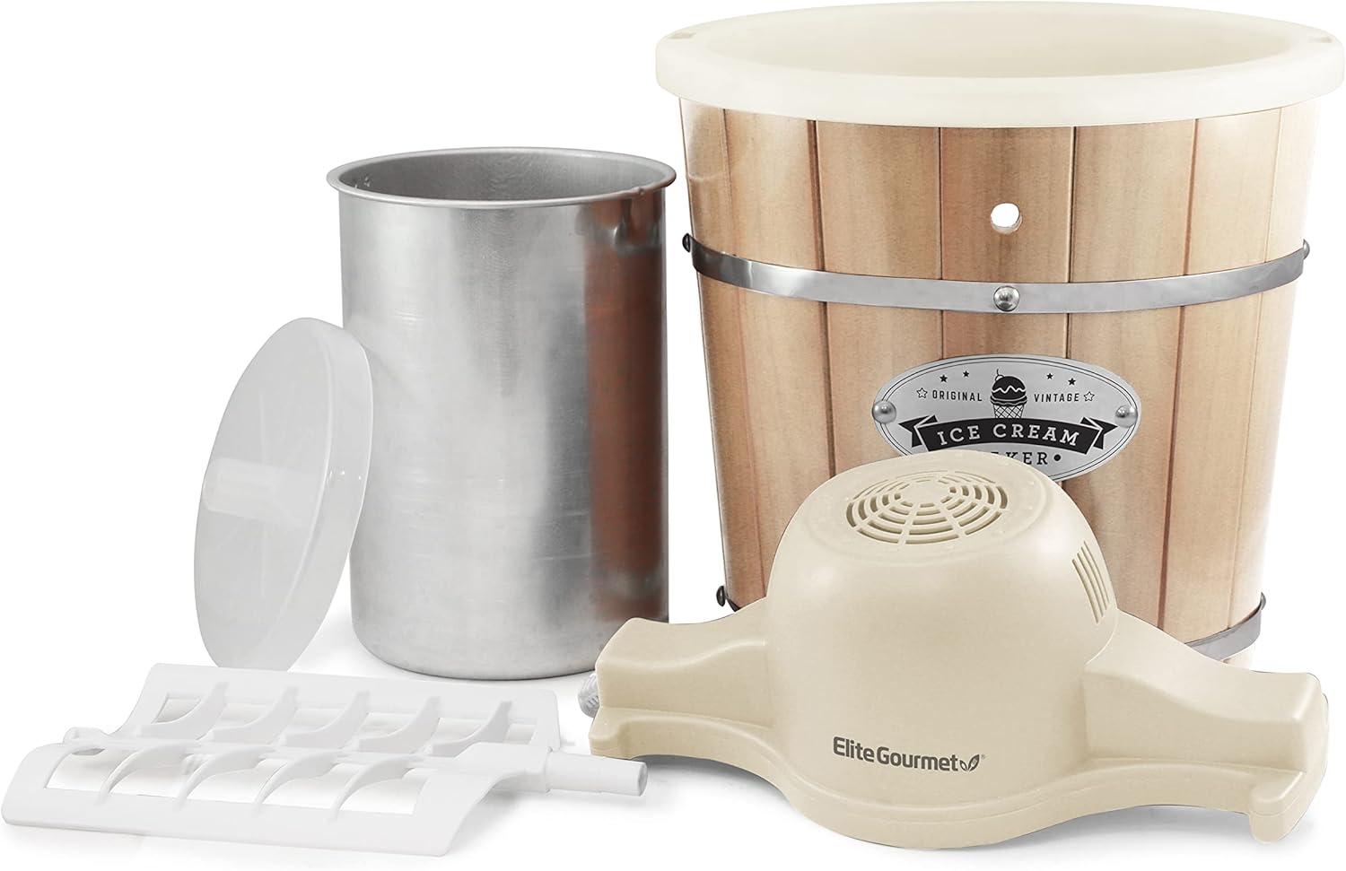 image:imageElite Gourmet EIM916 Old Fashioned 6 Quart Vintage Wood Bucket Electric Ice Cream Maker Machine Appalachian Bonus Classic DieCast Hand Crank for Churning Uses Ice and Rock SaltCream