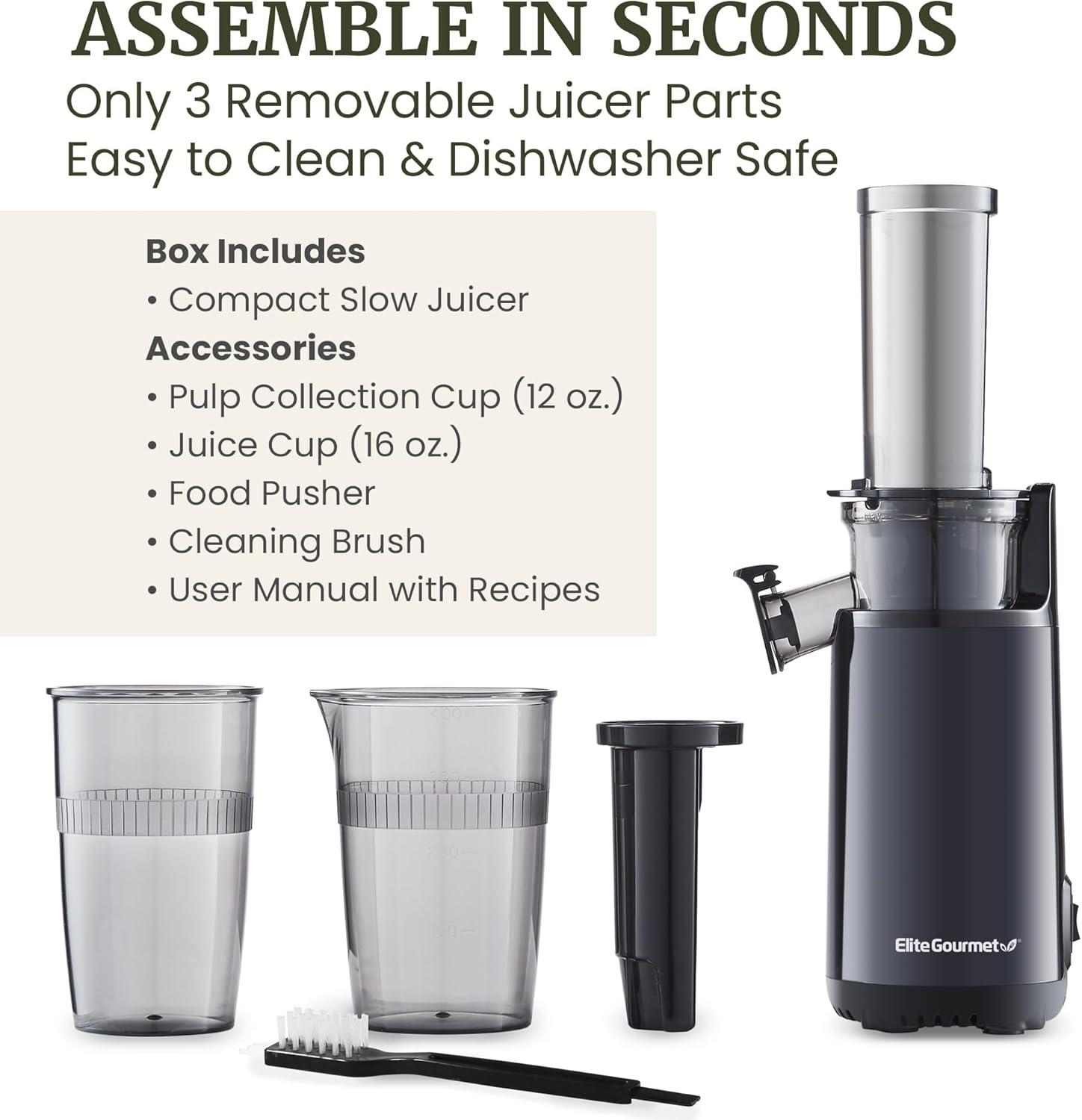 image:imageElite Gourmet EJX600 Mini Compact Small SpaceSaving Masticating Slow Juicer Cold Press Juice Extractor Nutrient and Vitamin Dense BPAFree Tritan Easy to Clean 16 oz Juice Cup Charcoal Grey