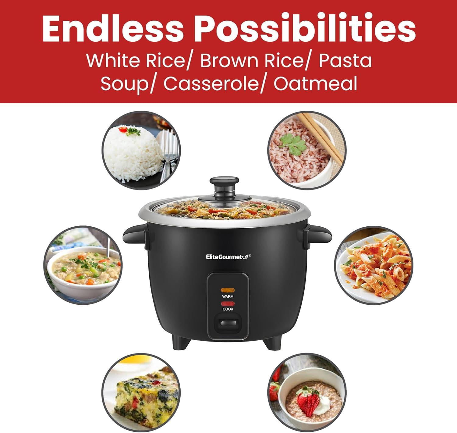 image:imageElite Gourmet ERC003BX Electric Rice Cooker with Automatic Keep Warm Makes Soups Stews Grains Hot Cereals 6 Cups Cooked 3 Cups Uncooked BlackBlack