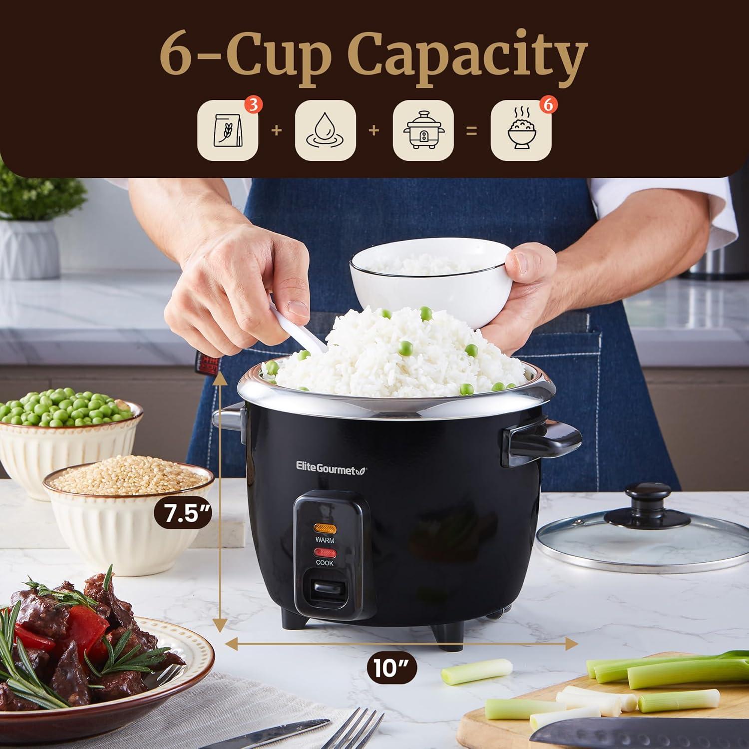 image:imageElite Gourmet ERC006SS 6Cup Electric Rice Cooker with Stainless Steel Inner Pot Makes Soups Stews Porridges Grains and Cereals 6 cup 3 cups uncooked BlackBlack