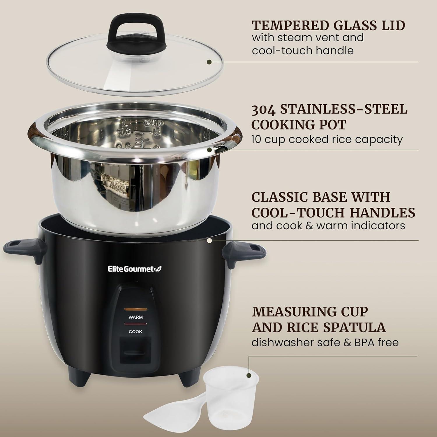 image:imageElite Gourmet ERC2010B Electric Rice Cooker with Stainless Steel Inner Pot Makes Soups Stews Porridges Grains and Cereals 10 cups cooked 5 Cups uncooked BlackBlack