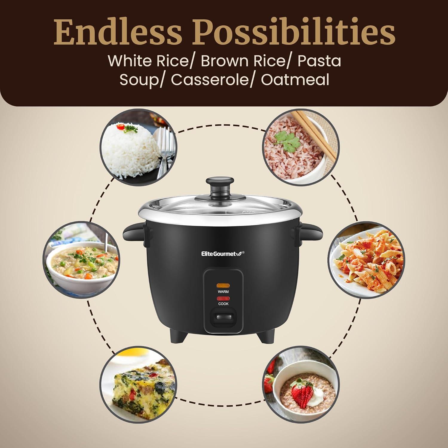 image:imageElite Gourmet ERC2010B Electric Rice Cooker with Stainless Steel Inner Pot Makes Soups Stews Porridges Grains and Cereals 10 cups cooked 5 Cups uncooked Black6 cup 3 cups uncooked