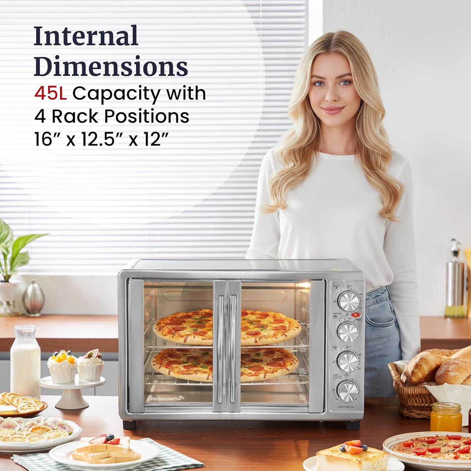 image:imageElite Gourmet ETO4510B French Door 475Qt 18Slice Convection Oven 4Control Knobs Bake Broil Toast Rotisserie Keep Warm Includes 2 x 12 Pizza Racks Stainless SteelStainless Steel and Black