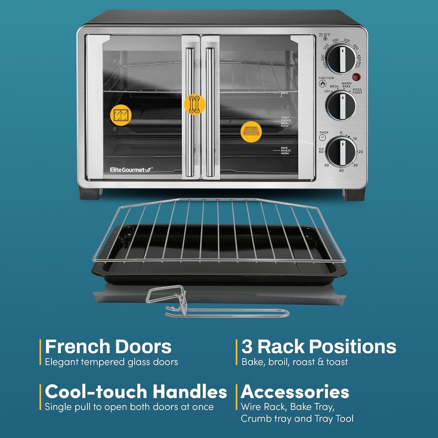 image:imageElite Gourmet ETO4510B French Door 475Qt 18Slice Convection Oven 4Control Knobs Bake Broil Toast Rotisserie Keep Warm Includes 2 x 12 Pizza Racks Stainless SteelStainless Steel and Black