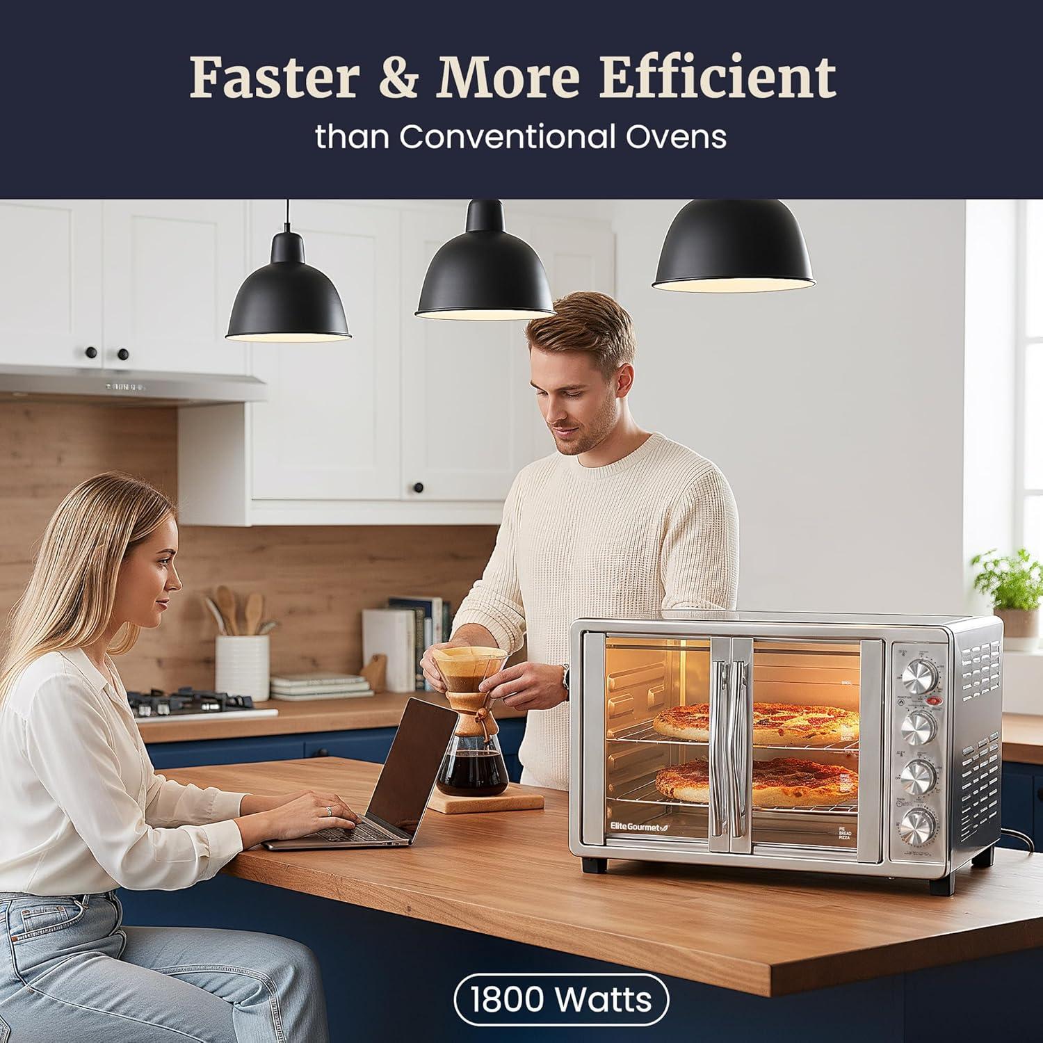 image:imageElite Gourmet ETO4510B French Door 475Qt 18Slice Convection Oven 4Control Knobs Bake Broil Toast Rotisserie Keep Warm Includes 2 x 12 Pizza Racks Stainless SteelStainless Steel and Black
