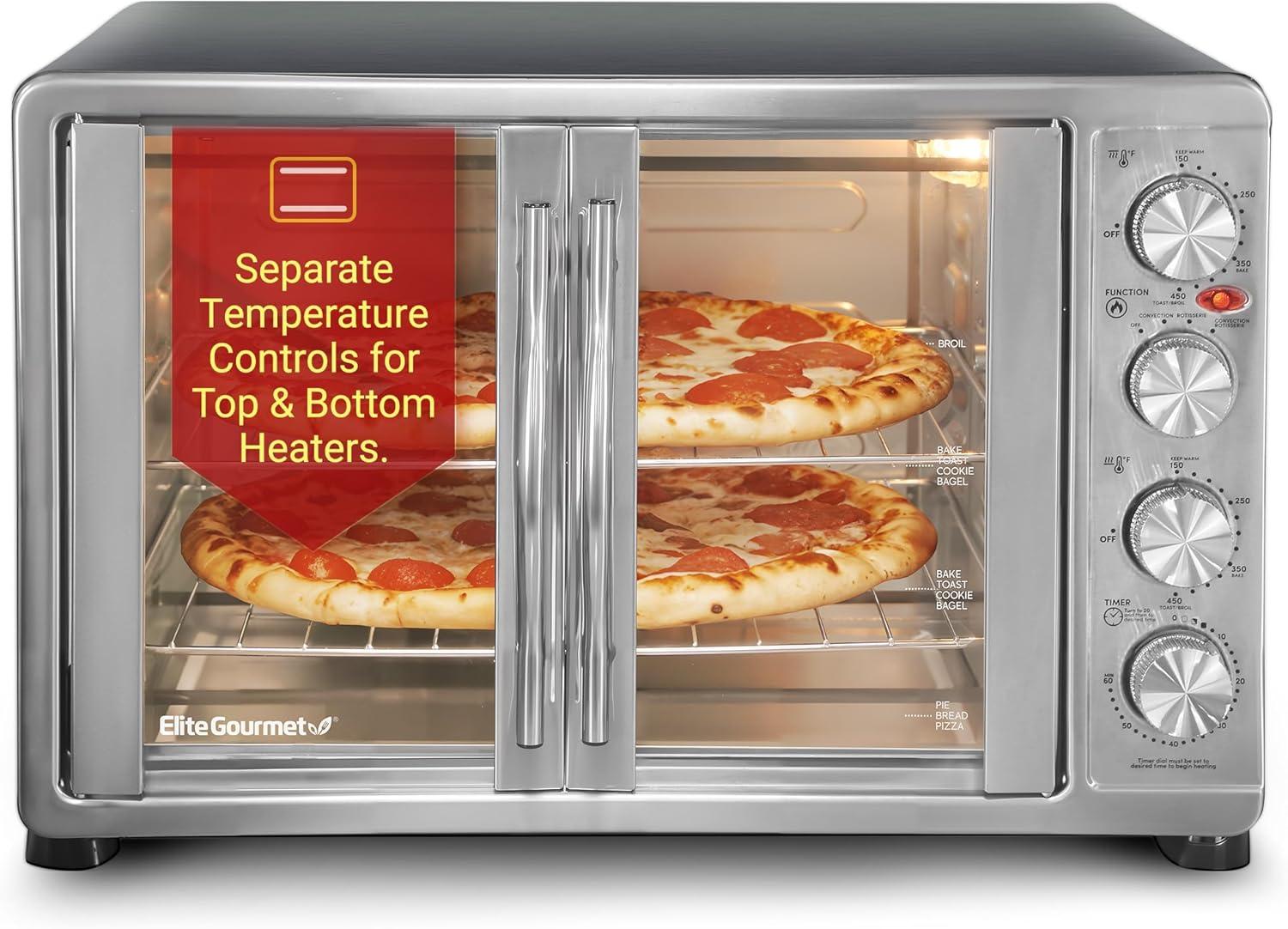 image:imageElite Gourmet ETO4510B French Door 475Qt 18Slice Convection Oven 4Control Knobs Bake Broil Toast Rotisserie Keep Warm Includes 2 x 12 Pizza Racks Stainless SteelStainless Steel and Black