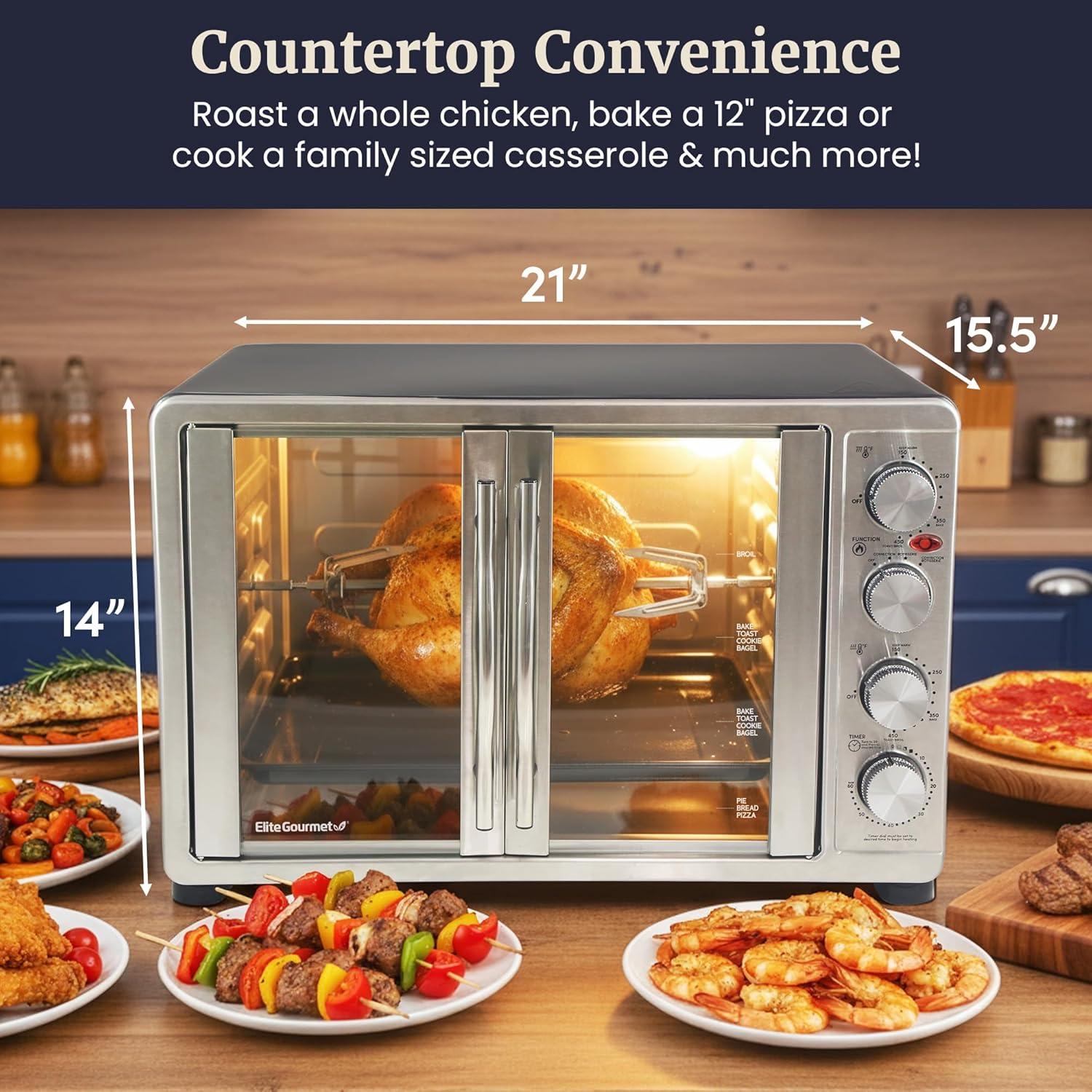 image:imageElite Gourmet ETO4510B French Door 475Qt 18Slice Convection Oven 4Control Knobs Bake Broil Toast Rotisserie Keep Warm Includes 2 x 12 Pizza Racks Stainless SteelStainless Steel and Black