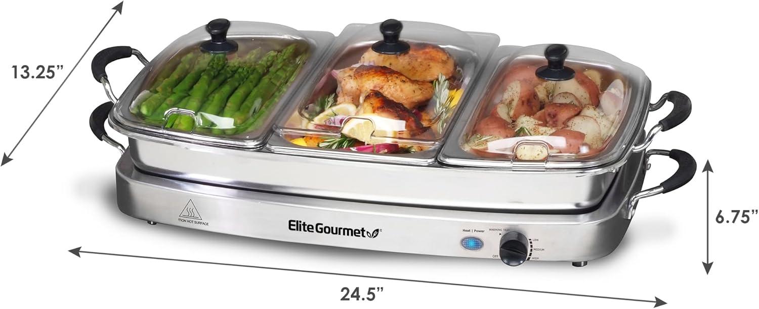 image:imageElite Gourmet EWM9933 Triple 3 x 25 Quart Trays Buffet Server 75 Qt Oven Safe Pan Food Warmer Temperature Control Clear Slotted Lids Perfect for Parties Entertaining amp Holidays Stainless Steel75 Quart 4 Trays