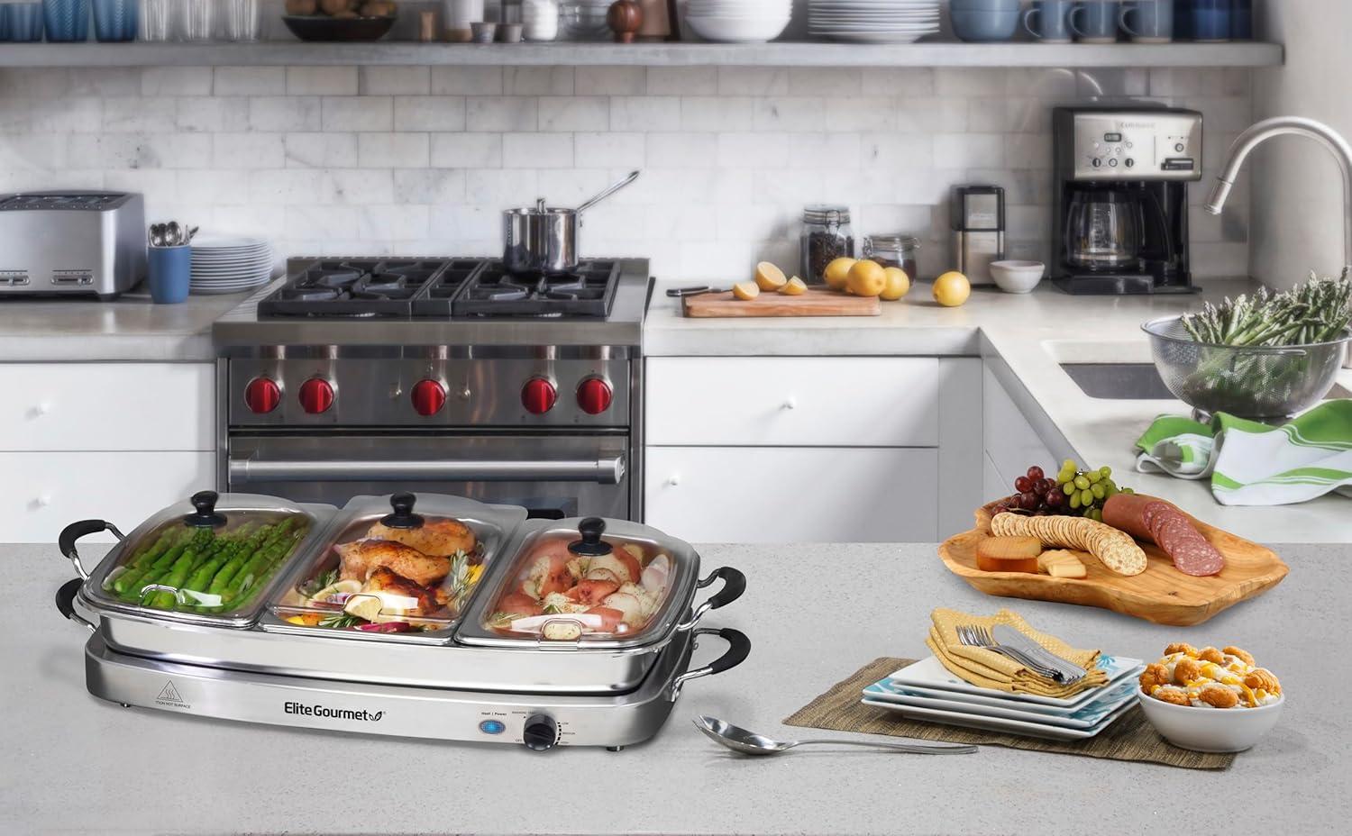 image:imageElite Gourmet EWM9933 Triple 3 x 25 Quart Trays Buffet Server 75 Qt Oven Safe Pan Food Warmer Temperature Control Clear Slotted Lids Perfect for Parties Entertaining amp Holidays Stainless Steel75 Quart 4 Trays