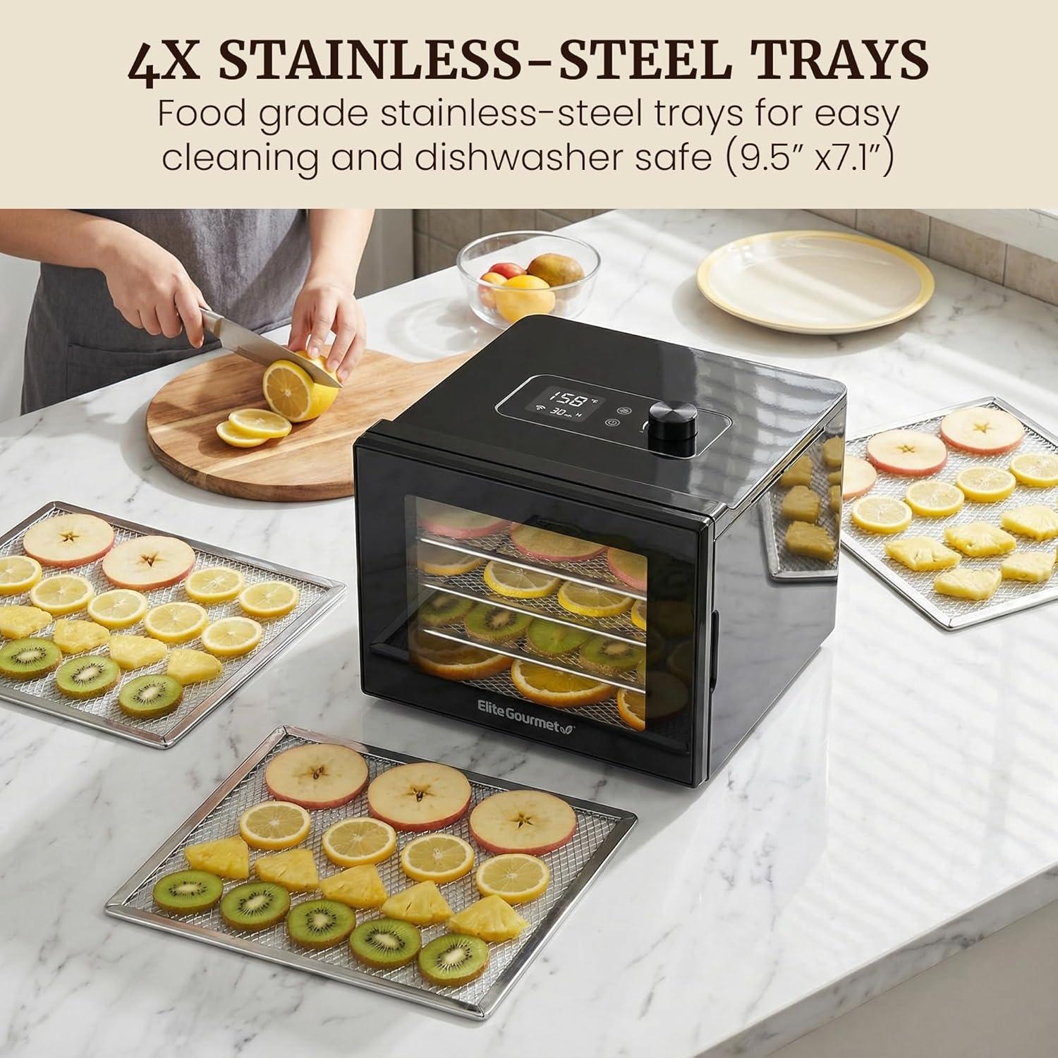 image:imageElite Gourmet Food Dehydrator Stainless Steel Trays Food Dehydrator Adjustable Temperature Controls Jerky Herbs Fruit Veggies Snacks4 Plastic Trays