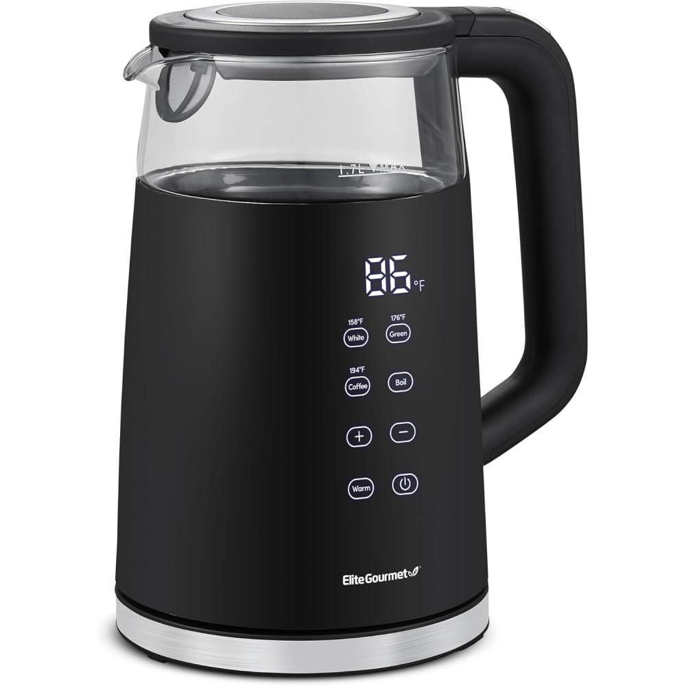 image:imageElite Gourmet 17L Dual Wall Cool Touch Electric Tea Kettle Borosilicate Glass 304 Stainless Steel Interior Programmed Digital Touchscreen Keep Warm Auto Off amp Audible Indicator Black19 Quarts