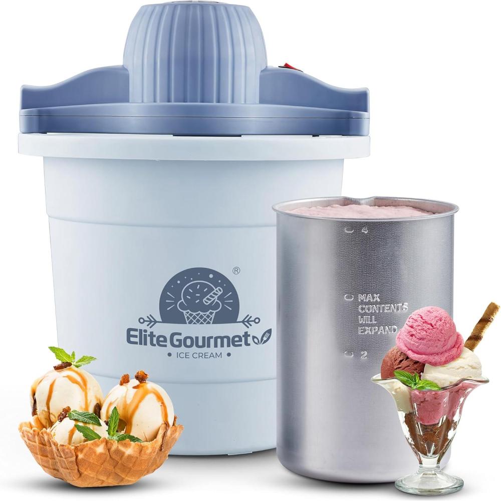 image:imageElite Gourmet 4Qt Electric Ice Cream Maker EIM350X Delicious Homemade Ice Cream Gelato Sorbet Frozen Yogurt 4Qt Aluminum Freezing Cannister Durable Plastic Ice Bucket Powerful 50W Periwinkle4 Quart