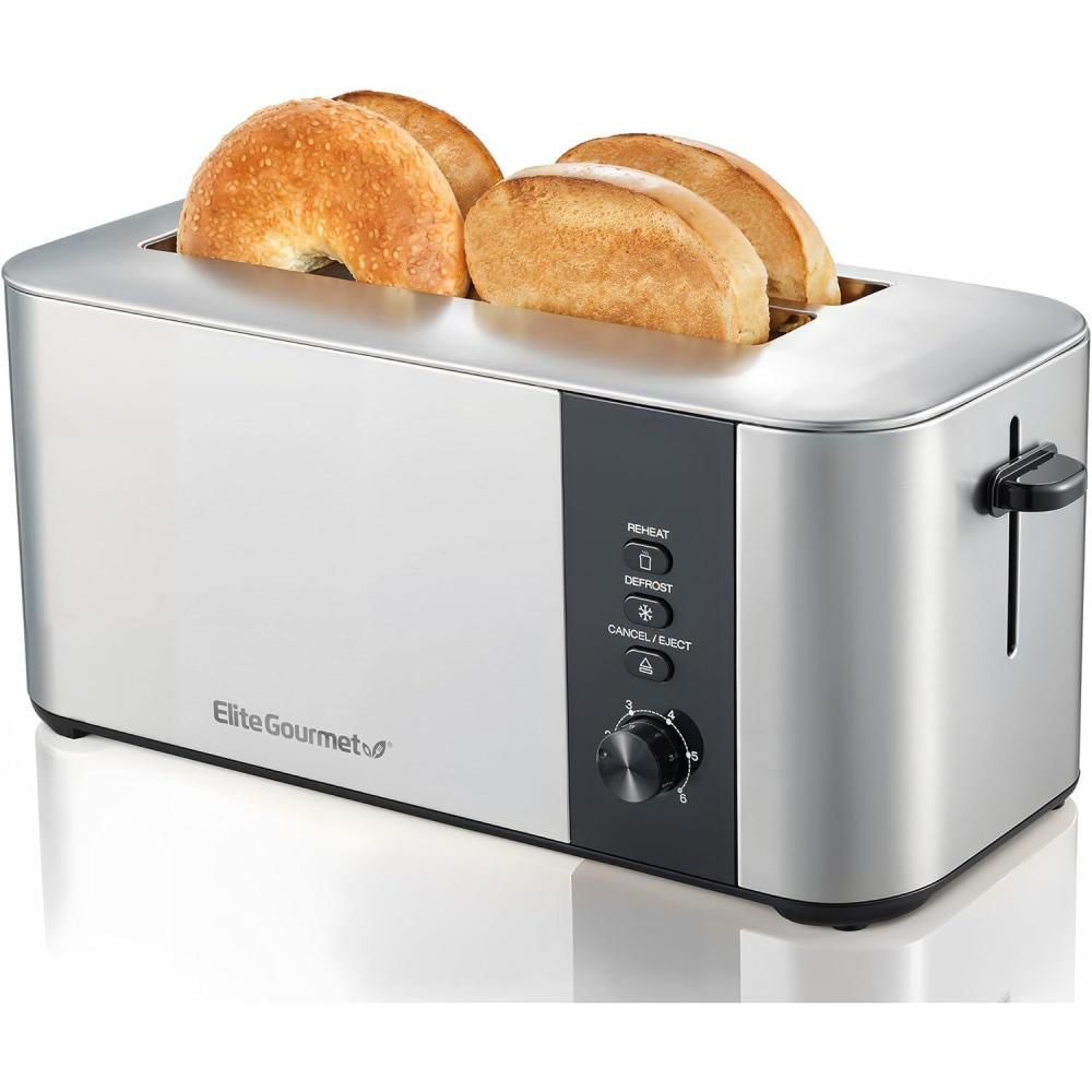 image:imageElite Gourmet ECT3401 Long Slot 4 Slice Toaster 15 Slot Width 6 Toast Shade Settings Reheat Defrost amp Cancel Functions Extra Large Slots for Bagels Waffles Artisan Breads Stainless Steel