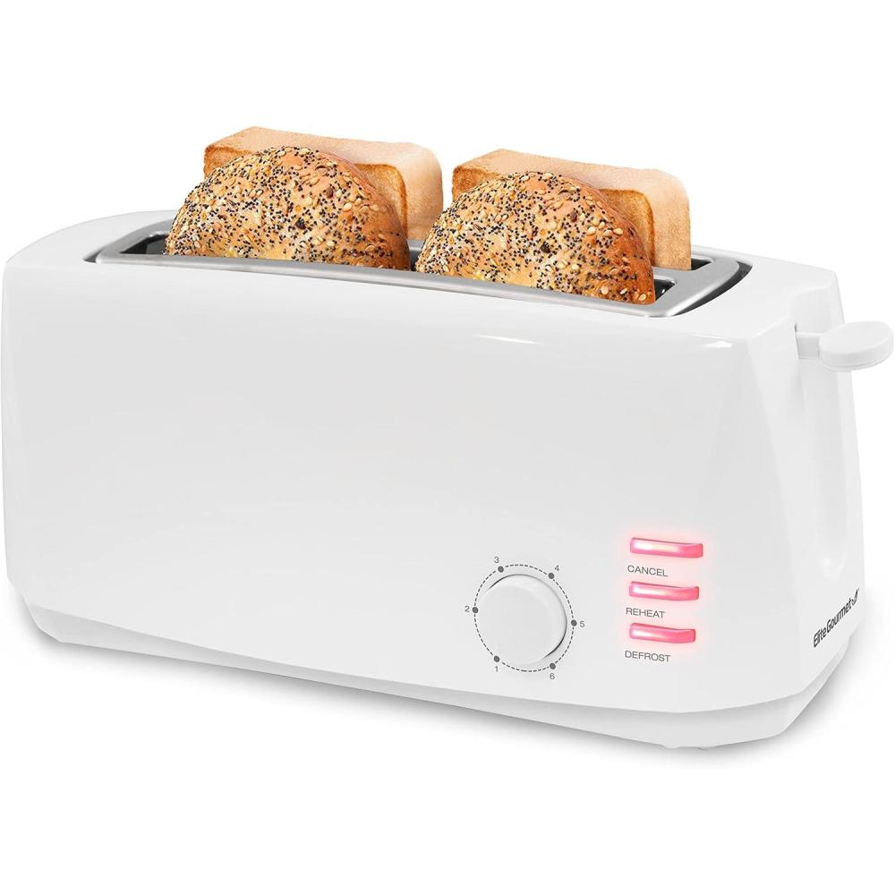 image:imageElite Gourmet ECT4829B Long Slot 4 Slice Toaster 6 Toast Settings Toaster Defrost Reheat Cancel Functions Slide Out Crumb Tray Extra Wide Slots for Bagels Waffles BlackWhite