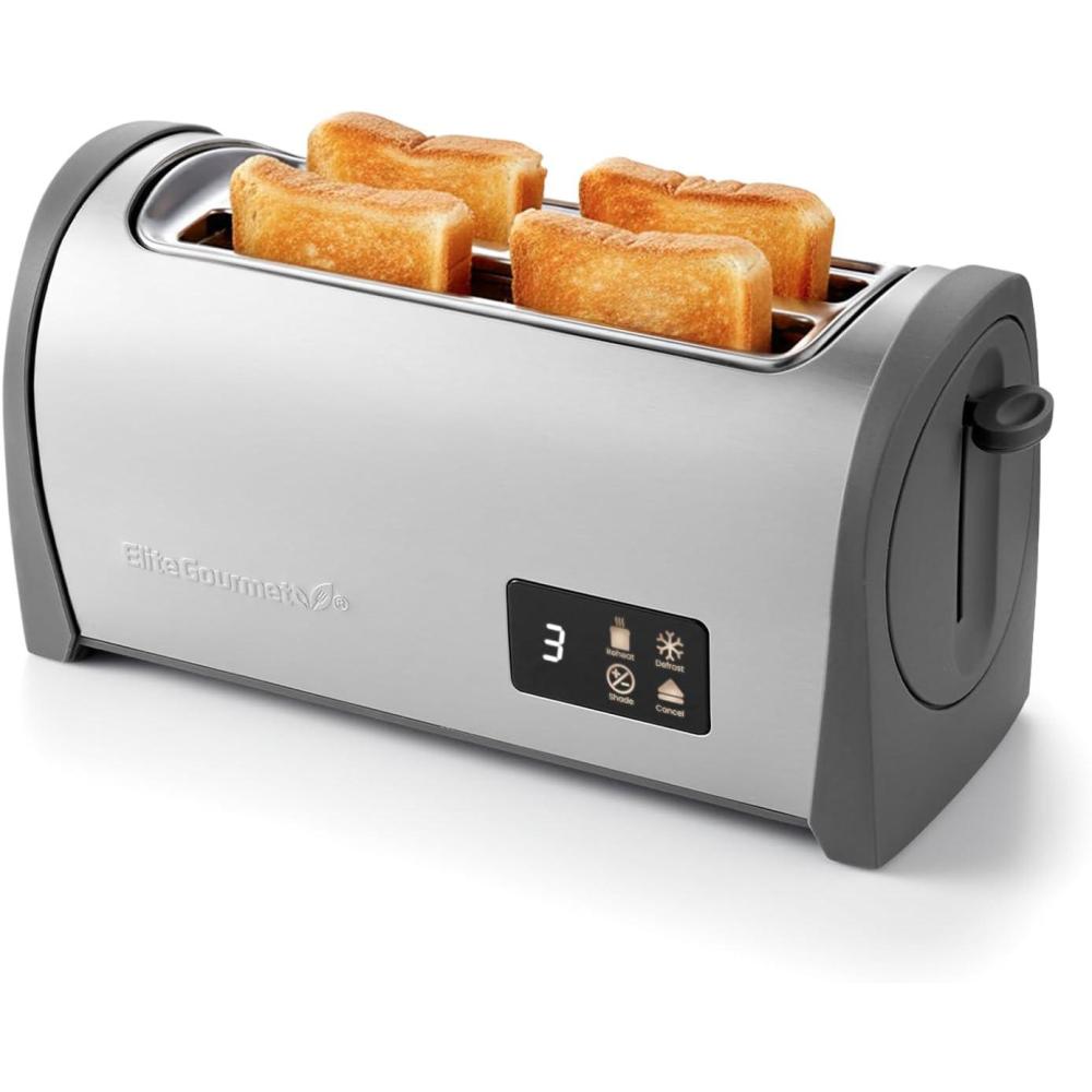 image:imageElite Gourmet ECT4829B Long Slot 4 Slice Toaster 6 Toast Settings Toaster Defrost Reheat Cancel Functions Slide Out Crumb Tray Extra Wide Slots for Bagels Waffles BlackGrey