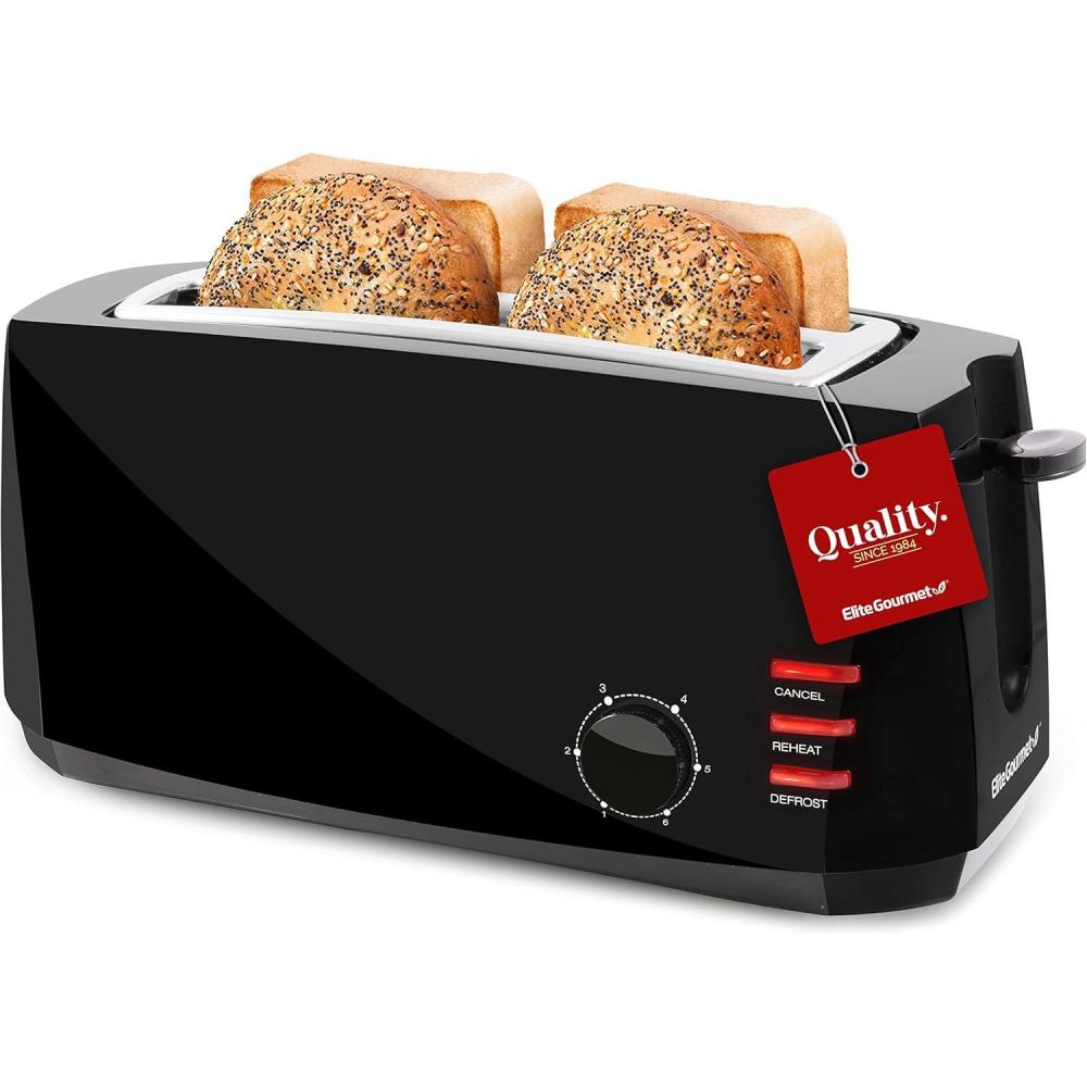 image:imageElite Gourmet ECT4829B Long Slot 4 Slice Toaster 6 Toast Settings Toaster Defrost Reheat Cancel Functions Slide Out Crumb Tray Extra Wide Slots for Bagels Waffles BlackBlack