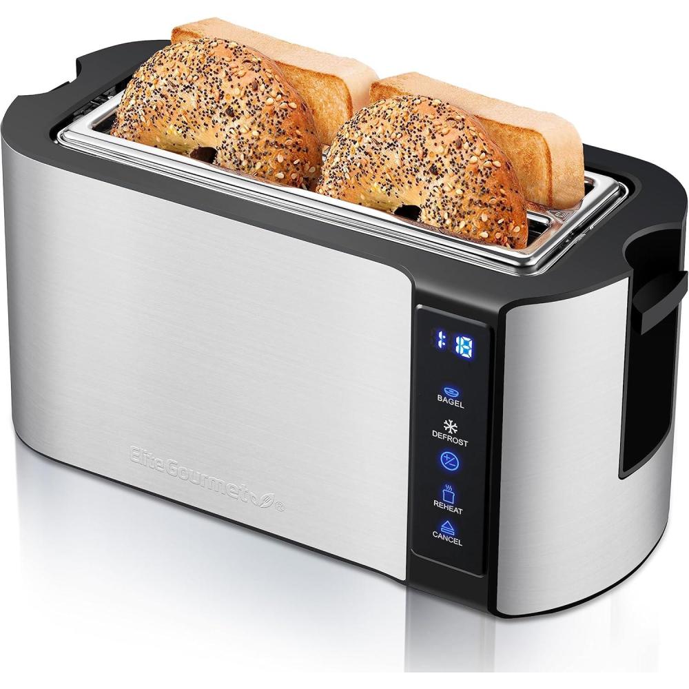 image:imageElite Gourmet ECT5322 Long Slot 4 Slice Toaster Countdown Timer Bagel Function 6 Toast Setting Defrost Cancel Function Builtin Warming Rack Extra Wide Slots for Bagels Waffles Stainless SteelBlack Stainless Steel