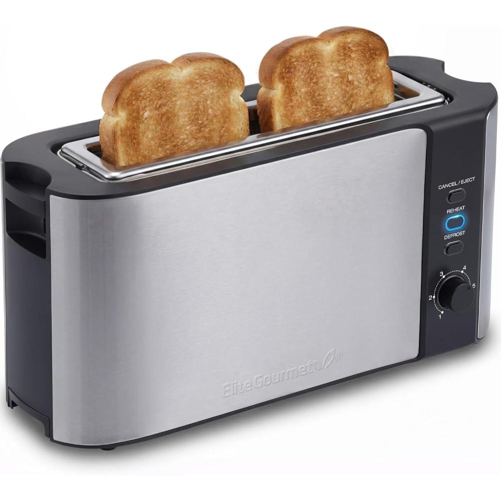 image:imageElite Gourmet ECT5322 Long Slot 4 Slice Toaster Countdown Timer Bagel Function 6 Toast Setting Defrost Cancel Function Builtin Warming Rack Extra Wide Slots for Bagels Waffles Stainless SteelStainless Steel