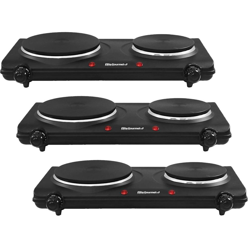 image:imageElite Gourmet EDB302BF Countertop Double Cast Iron Burner 1500 Watts Electric Hot Plate Temperature Controls Power Indicator Lights Easy to Clean BlackCast Double Pack of 3